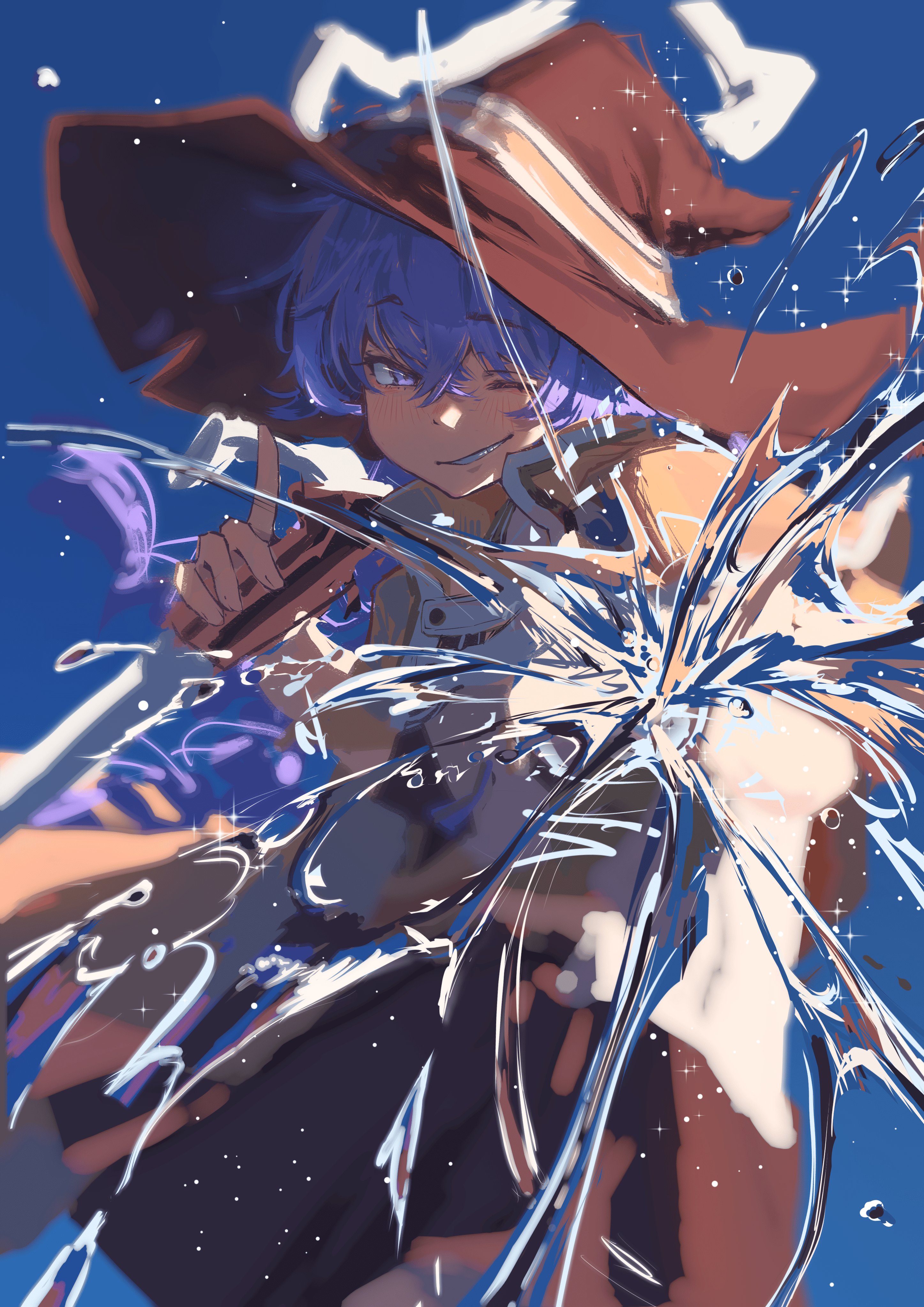 nekoyowaki, roxy migurdia, mushoku tensei, absurdres, highres, 1girl, blue hair, hat, holding, holding staff, hydrokinesis, looking at viewer, one eye closed, smile, solo, staff, water, witch hat