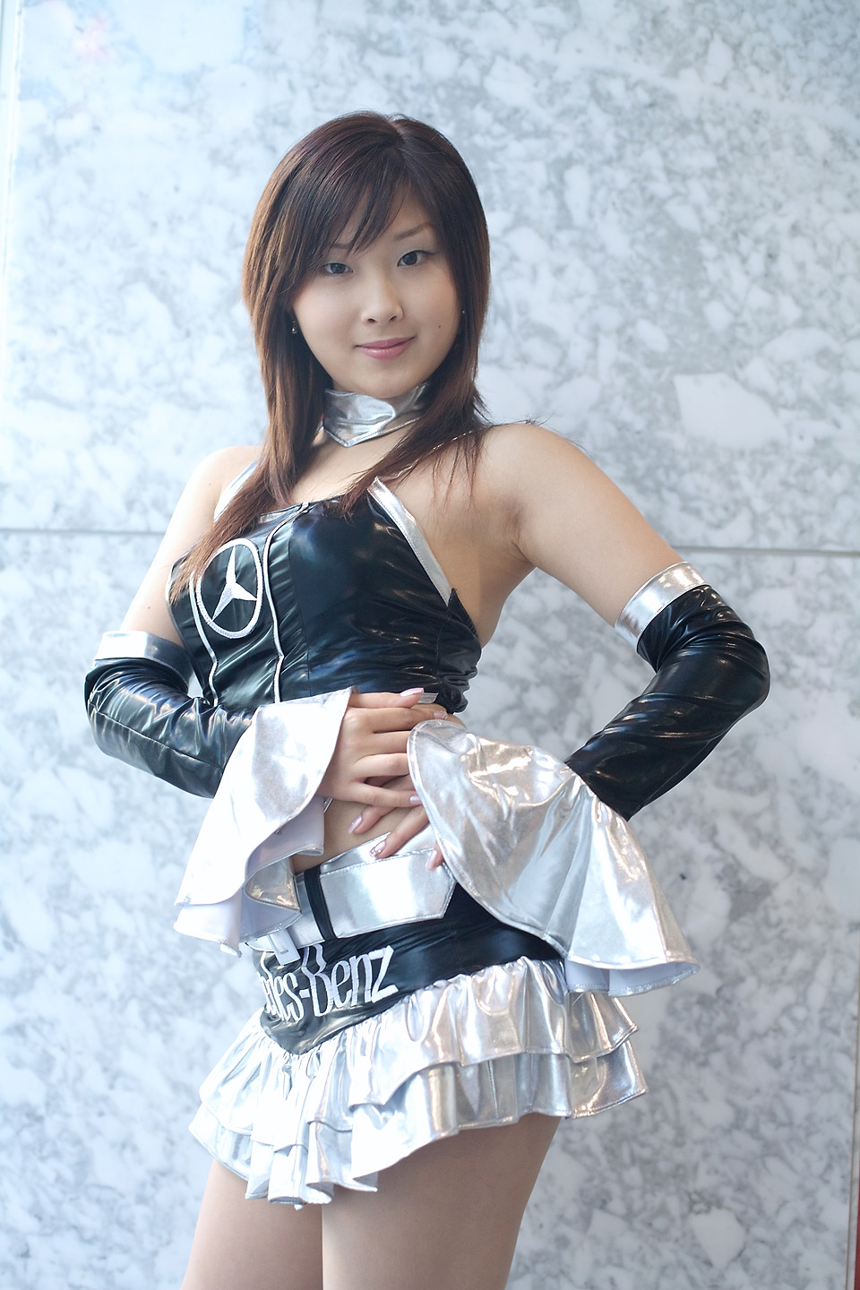 natsu suzune, highres, photo (medium), campaign girl, cosplay, halterneck, midriff, miniskirt, race queen, skirt, vinyl
