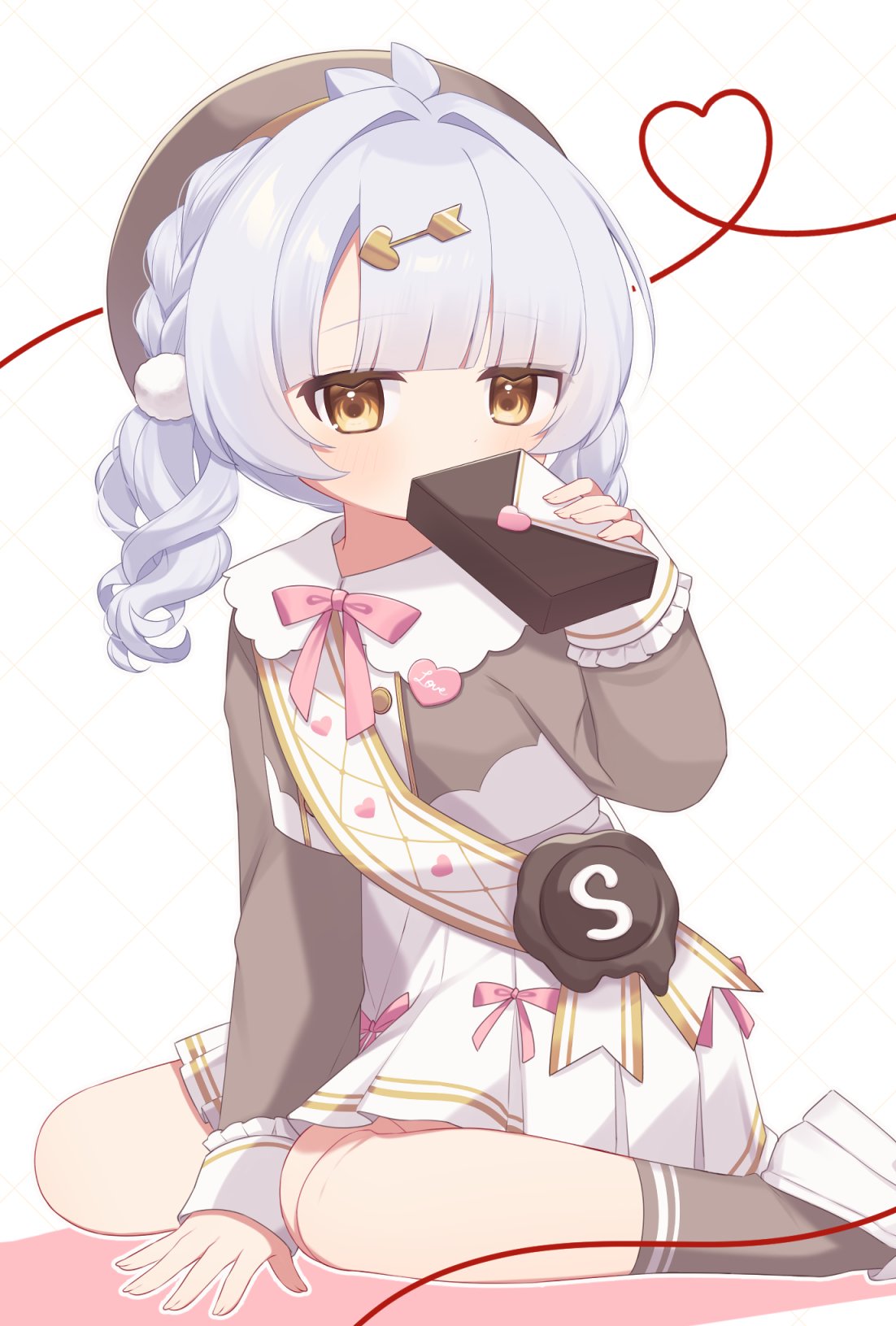 nori tama00, highres, 1girl, beret, blunt bangs, bow, bowtie, braid, chocolate, covering own mouth, dress, gift, grey hair, hair ornament, hat, heart, holding, long sleeves, looking at viewer, noname production, shiori (vtuber), solo, twintails, valentine, white dress, yellow eyes