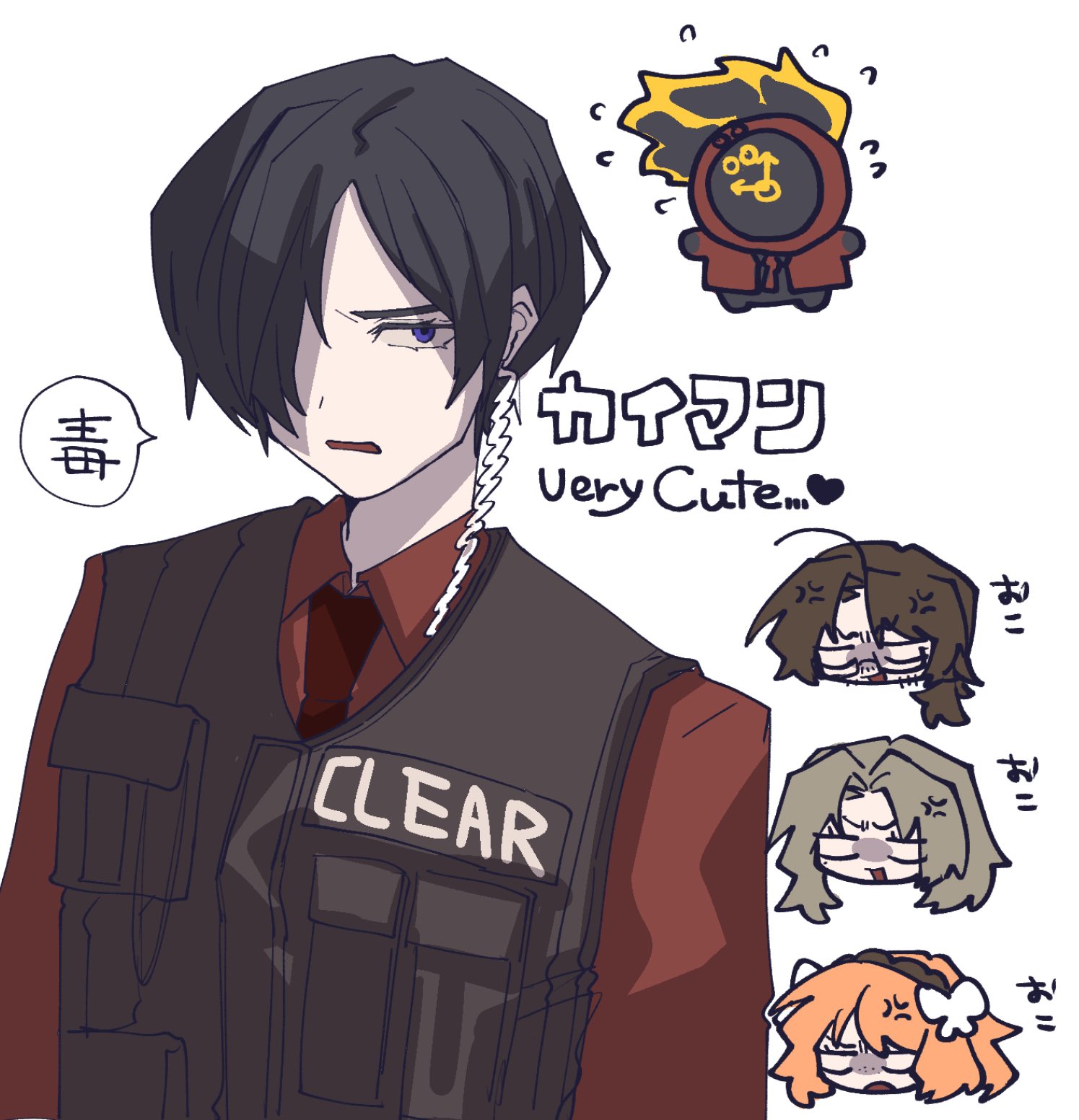 nantekottawo!!, dante (limbus company), gregor (project moon), ishmael (project moon), rodion (project moon), limbus company, project moon, highres, 1boy, 1other, 3girls, black hair, blue eyes, brown hair, bulletproof vest, caiman (project moon), clock, collared shirt, fire, hair intakes, hair over one eye, looking at viewer, low ponytail, multiple girls, necktie, object head, open mouth, ponytail, red necktie, red shirt, shirt, short hair, simple background, white background