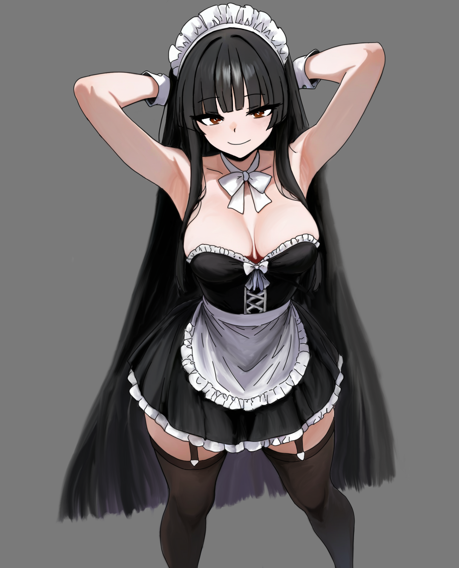 houraisan kaguya, touhou, commentary, english commentary, highres, 1girl, alternate costume, apron, armpits, arms up, black dress, black hair, black thighhighs, breasts, closed mouth, collarbone, dress, enmaided, garter straps, grey background, large breasts, long hair, looking at viewer, maid, maid headdress, presenting armpit, rhilarion, simple background, smile, solo, strapless, strapless dress, thighhighs, very long hair, waist apron, white apron, wrist cuffs