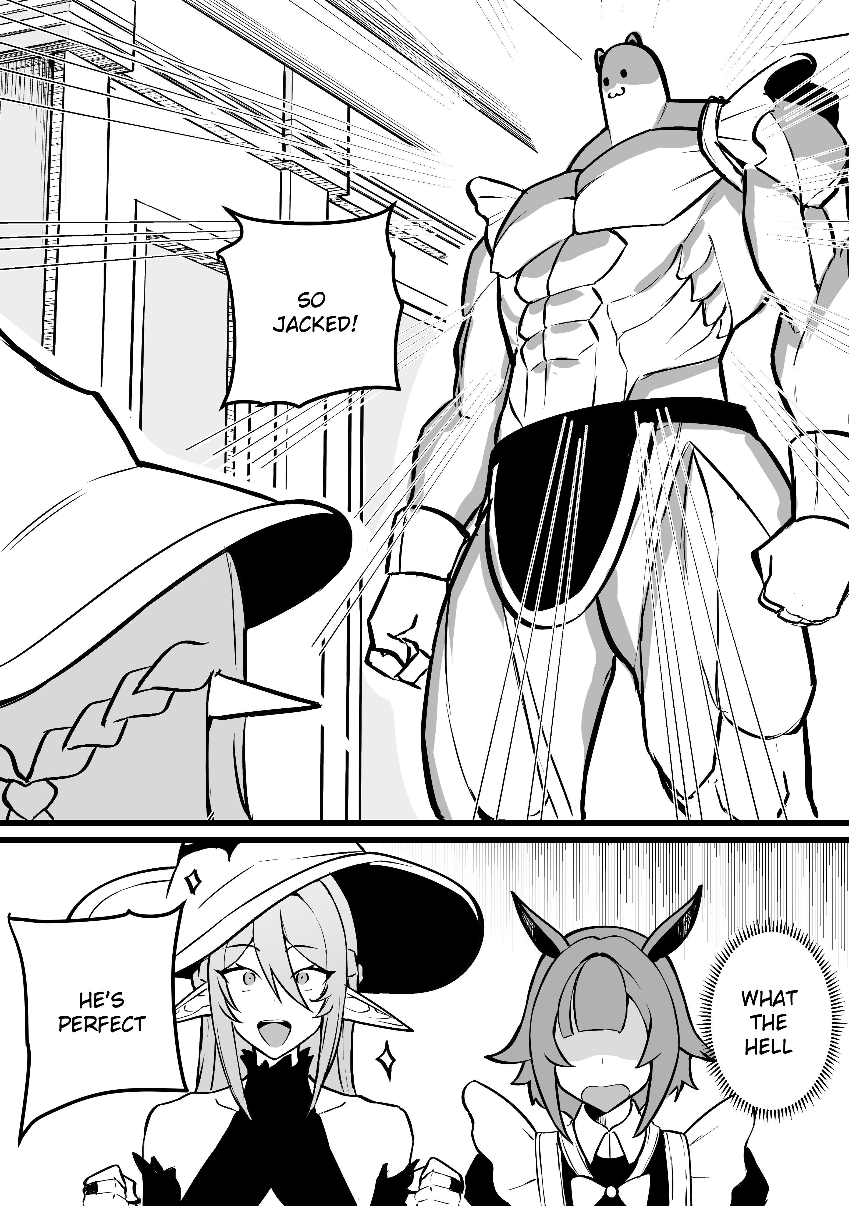 mirui09, original, absurdres, commentary, english commentary, highres, 2girls, abs, animal ears, bare shoulders, bow, double-parted bangs, dress, elf, english text, familiar, greyscale, hair between eyes, hat, horse ears, horse girl, long hair, looking at viewer, monochrome, multiple girls, muscular, open mouth, pointy ears, shaded face, short hair, smile, speech bubble, summoning, surprised, talking, turtleneck, turtleneck dress