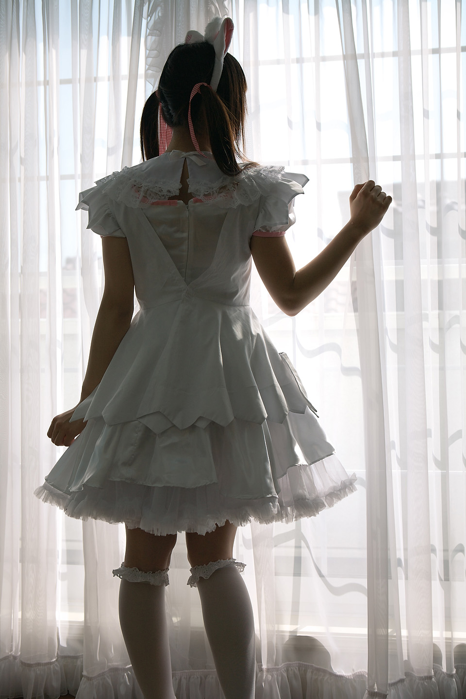 sakura yayoi, marie, highres, photo (medium), animal ears, aristocats, cat ears, cosplay, dress, frilled dress, frills, kneehighs, lace, socks, twintails