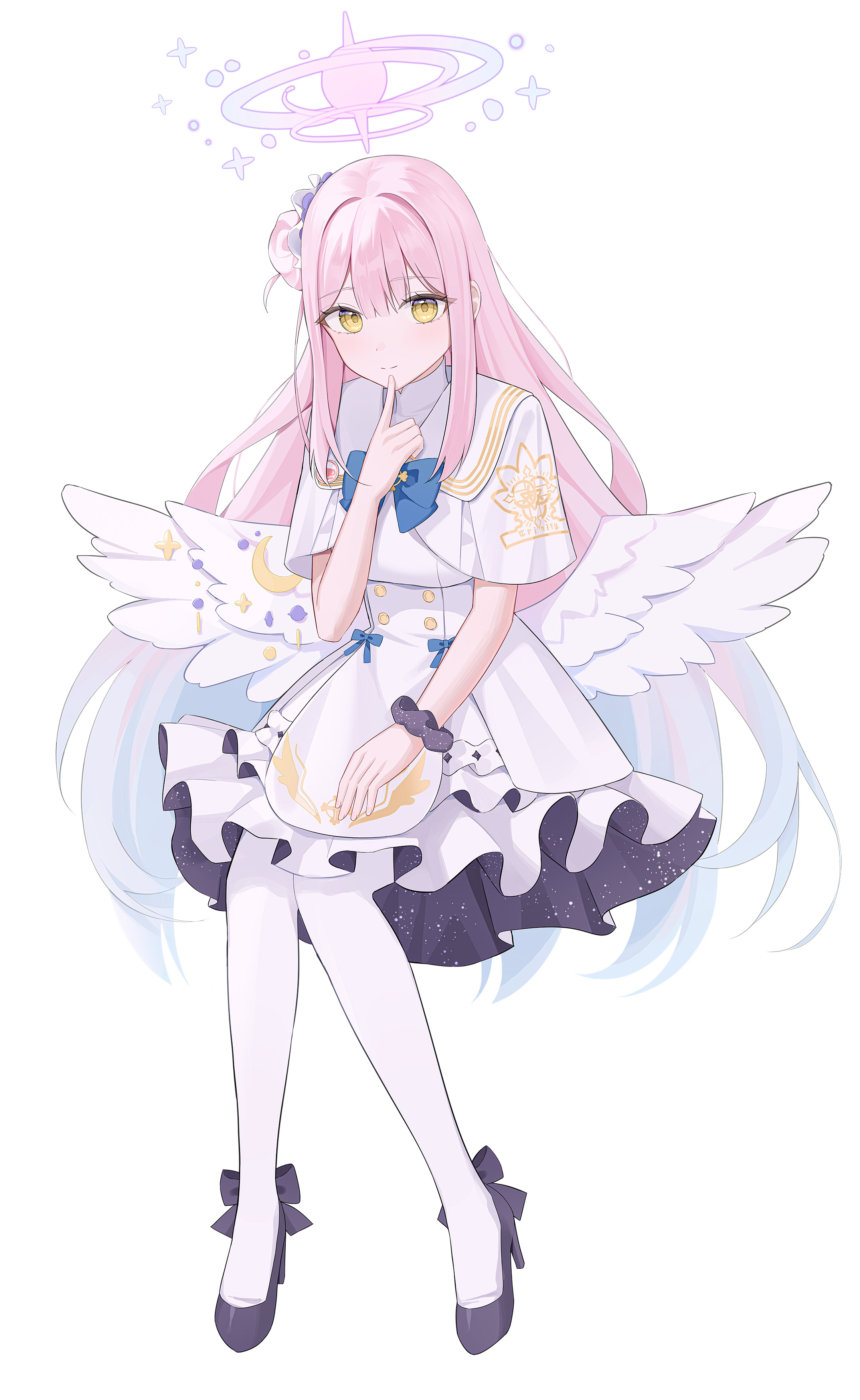 yagen (user mxur3238), mika (blue archive), blue archive, absurdres, highres, 1girl, angel wings, aqua hair, blush, breasts, capelet, closed mouth, dress, feathered wings, gradient hair, hair bun, hair ornament, halo, high-waist skirt, high heels, long hair, looking at viewer, low wings, medium breasts, multicolored hair, pantyhose, pink halo, pumps, simple background, single hair bun, single side bun, skirt, smile, very long hair, white background, white capelet, white dress, white pantyhose, white wings, wing ornament, wings