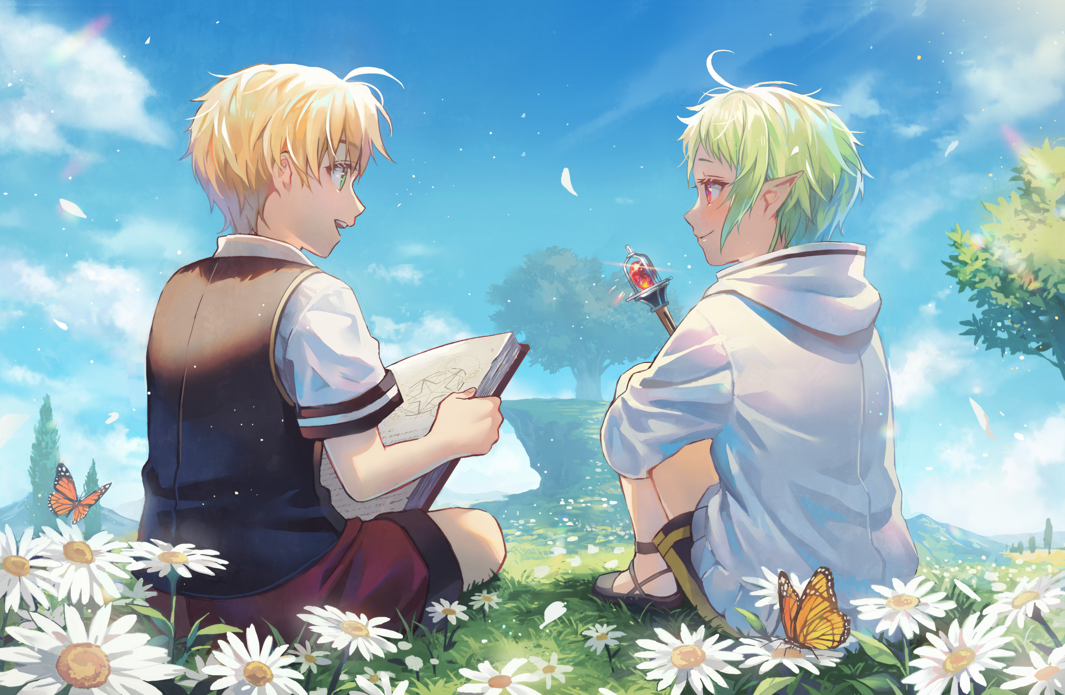 lino chang, rudeus greyrat, sylphiette (mushoku tensei), mushoku tensei, absurdres, highres, 1boy, 1girl, ahoge, blue sky, book, brown hair, bug, butterfly, elf, eye contact, field, flower, flower field, green hair, holding, holding book, holding wand, hood, hooded jacket, insect, jacket, looking at another, petals, pointy ears, sky, wand, white flower