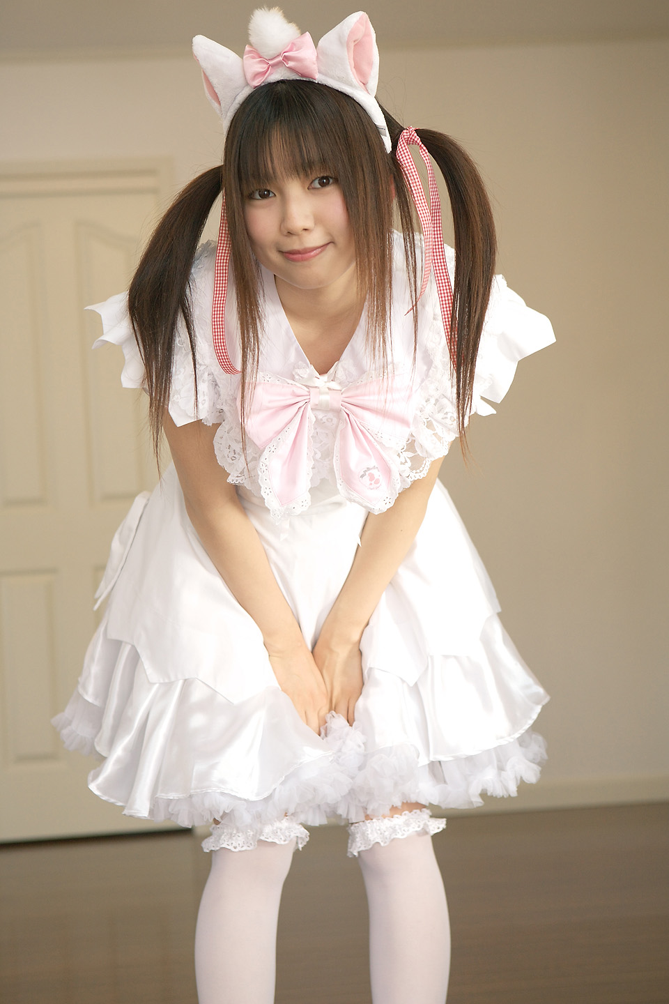 sakura yayoi, marie, highres, photo (medium), animal ears, aristocats, cat ears, cosplay, dress, frilled dress, frills, kneehighs, lace, socks, twintails