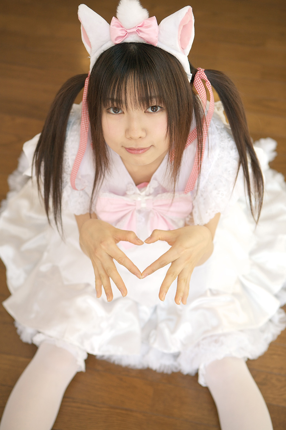 sakura yayoi, marie, highres, photo (medium), animal ears, aristocats, cat ears, cosplay, dress, frilled dress, frills, kneehighs, lace, socks, twintails