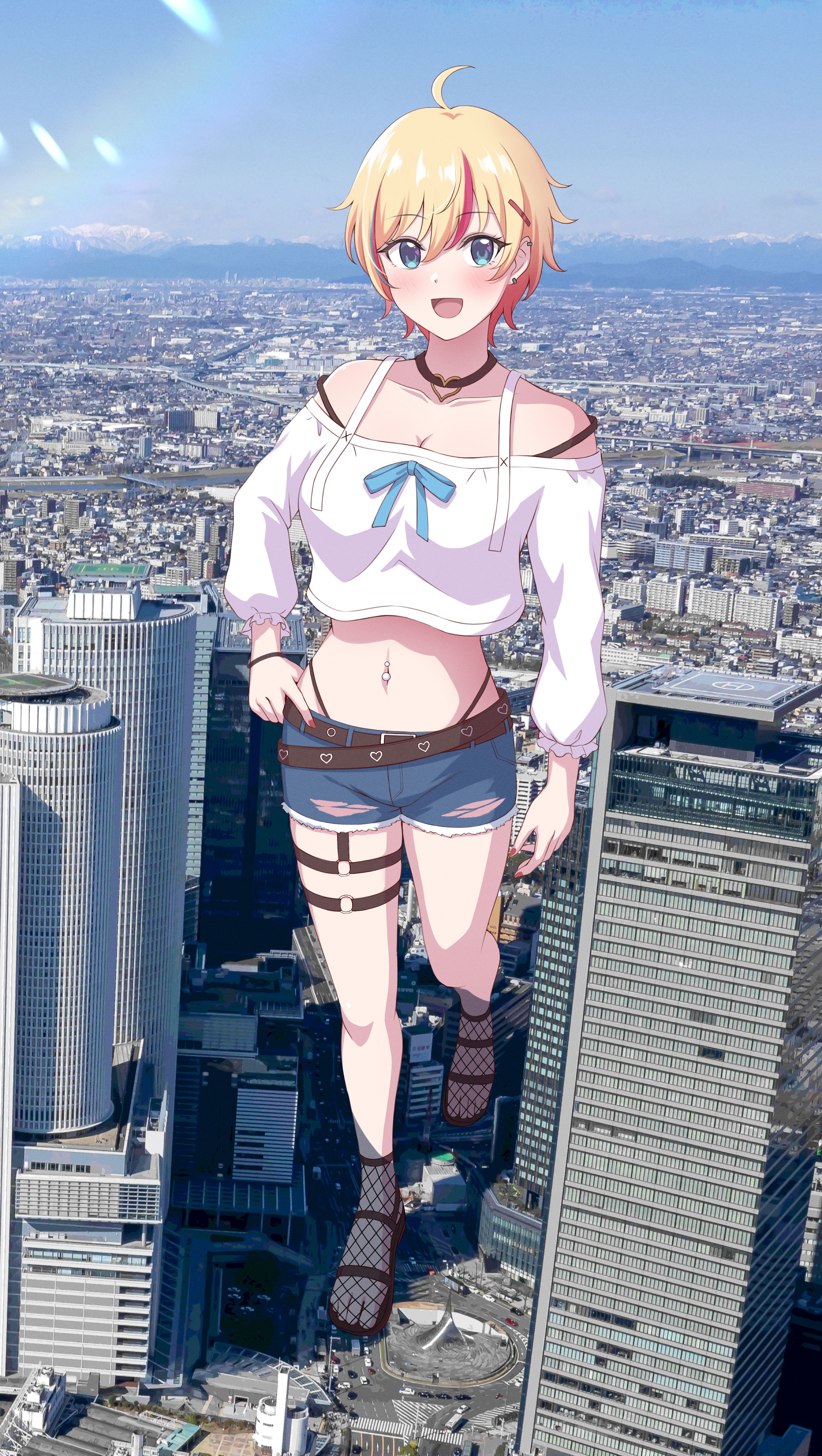 numaguro (tomokun0808), yanagase chami, vtuber nandaga haishin kiriwasuretara densetsu ni natteta, absurdres, commission, highres, skeb commission, belt, blonde hair, blue eyes, crop top, ear piercing, fishnet socks, fishnets, giant, giantess, hair ornament, hairclip, hand on own hip, long sleeves, looking at viewer, midriff, navel piercing, piercing, real world location, red nails, sandals, short shorts, shorts, smile, socks, standing