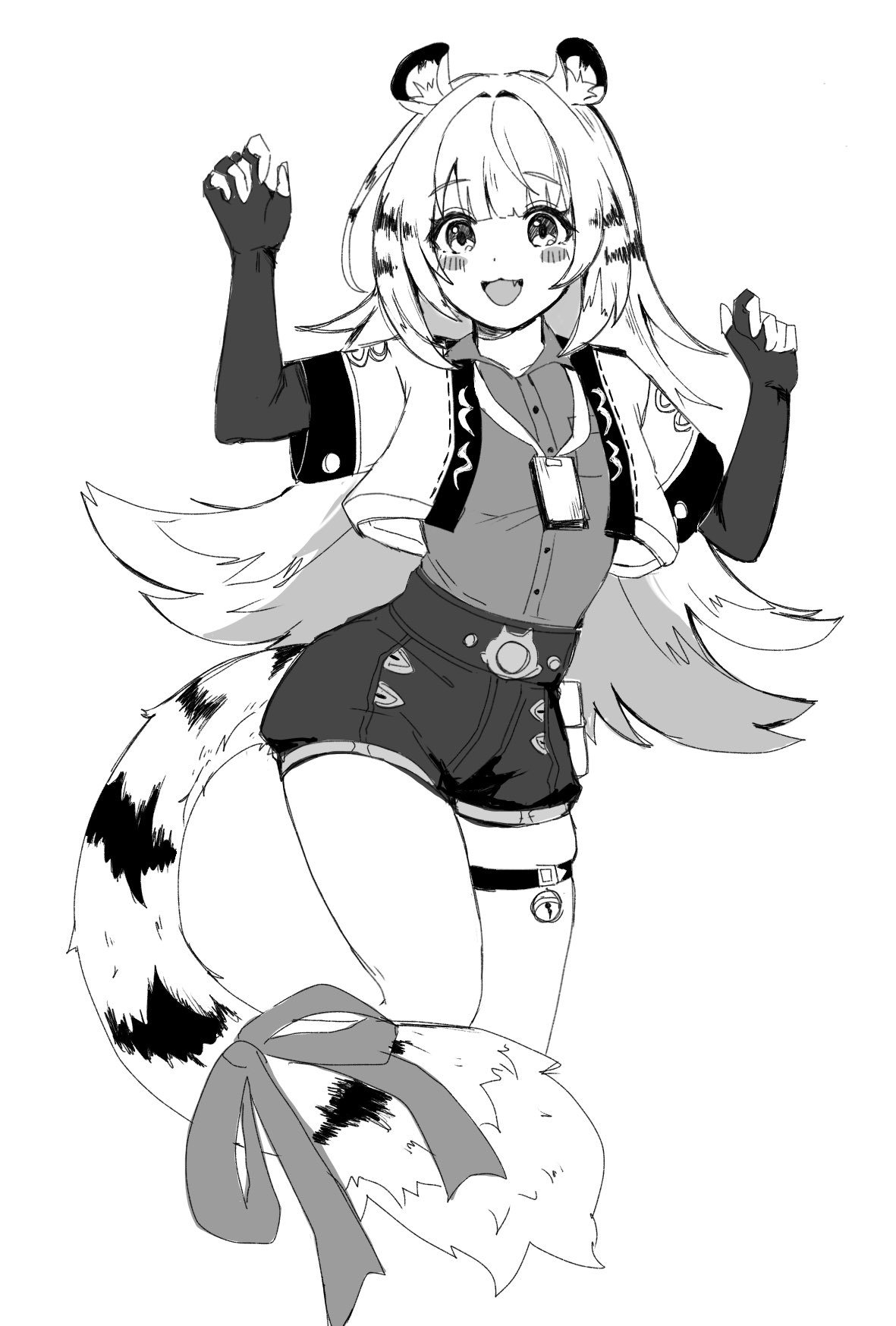 ju fufu, zenless zone zero, highres, 1girl, animal ears, ayataka hsr, baggy shorts, bell, blunt bangs, blush, bow, bridal gauntlets, buttons, collared shirt, cowboy shot, fang, greyscale, hands up, id card, jacket, long hair, looking at viewer, monochrome, multicolored hair, open clothes, open jacket, open mouth, shirt, short sleeves, shorts, sidelocks, smile, solo, standing, streaked hair, tail, tail bow, tail ornament, thigh strap, tiger ears, tiger girl, tiger tail