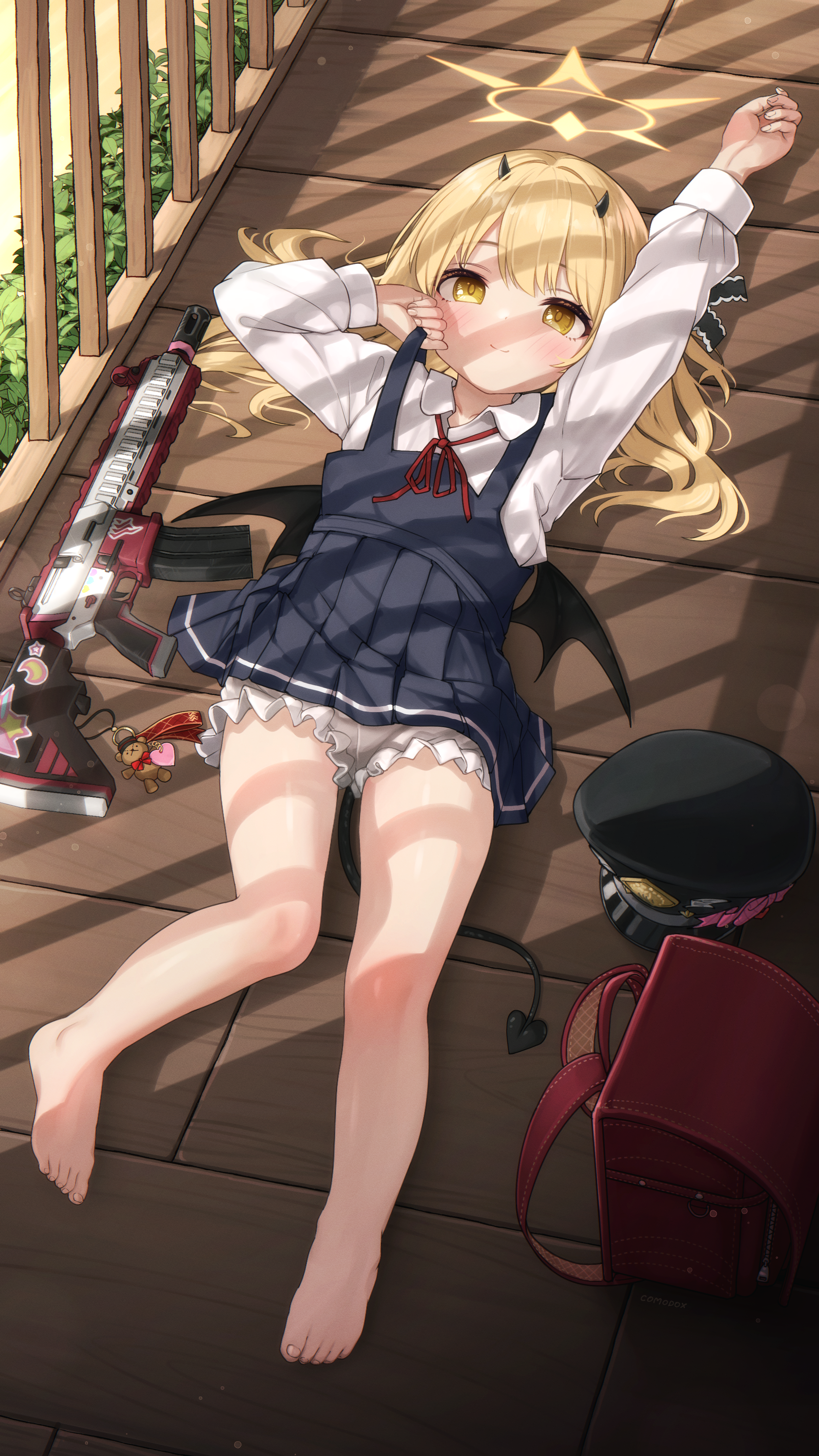 comodox, ibuki (blue archive), blue archive, absurdres, commentary, english commentary, highres, large variant set, paid reward available, variant set, 1girl, assault rifle, barefoot, black tail, blonde hair, bloomers, closed mouth, collared shirt, crime prevention buzzer, demon horns, demon tail, demon wings, dress, flat chest, gun, h&k hk416, halo, horns, long hair, long sleeves, lying, on back, pinafore dress, rifle, shirt, sleeveless, sleeveless dress, solo, tail, underwear, weapon, white bloomers, white shirt, wings, yellow eyes, yellow halo