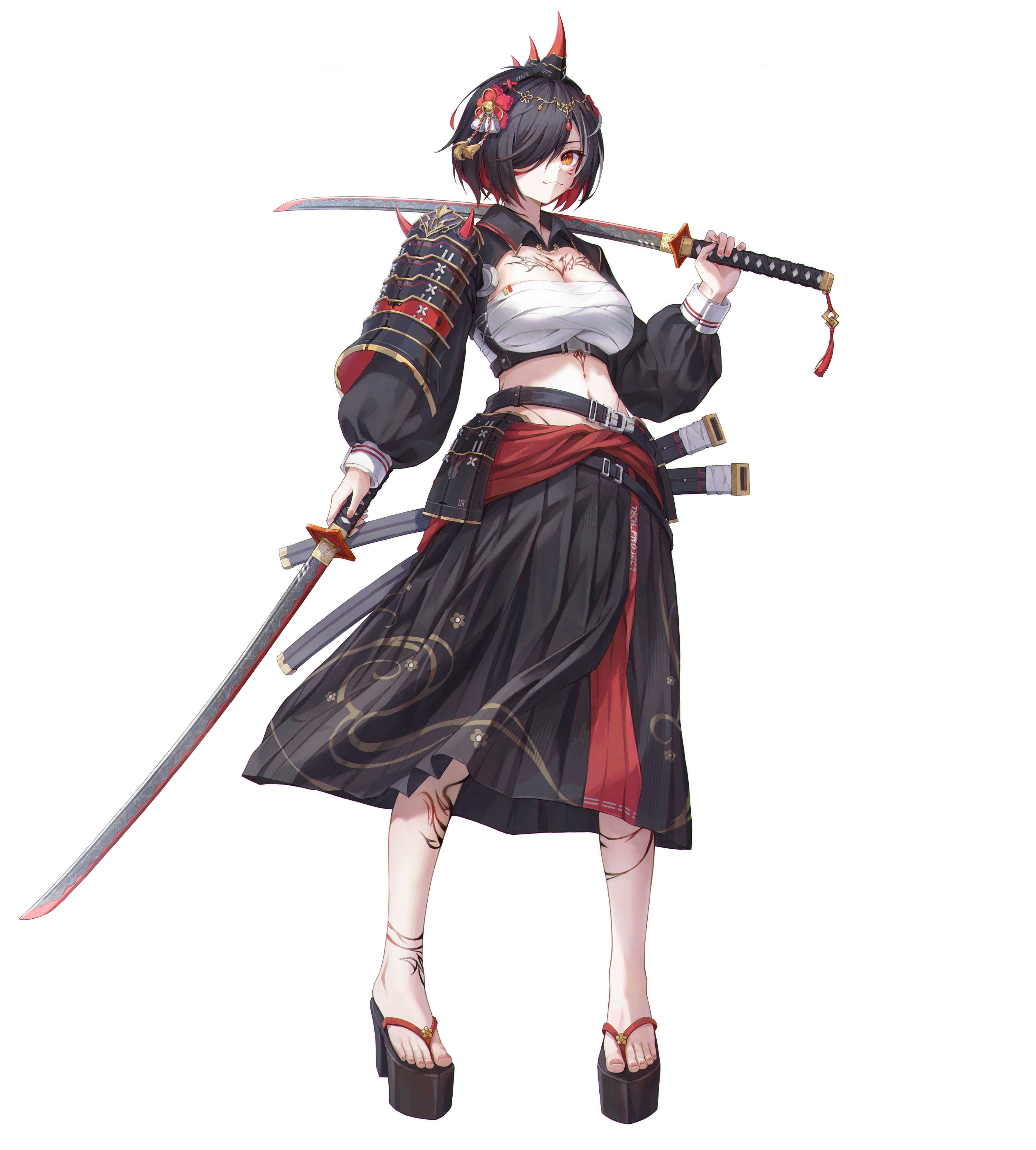 jinone, original, absurdres, highres, 1girl, armor, belt, black hair, breasts, chest sarashi, cleavage, dual wielding, eyepatch, full body, hair ornament, hair over one eye, holding, holding sword, holding weapon, katana, large breasts, long sleeves, looking at viewer, midriff, multicolored hair, navel, red eyes, red hair, sandals, sarashi, sheath, sword, weapon