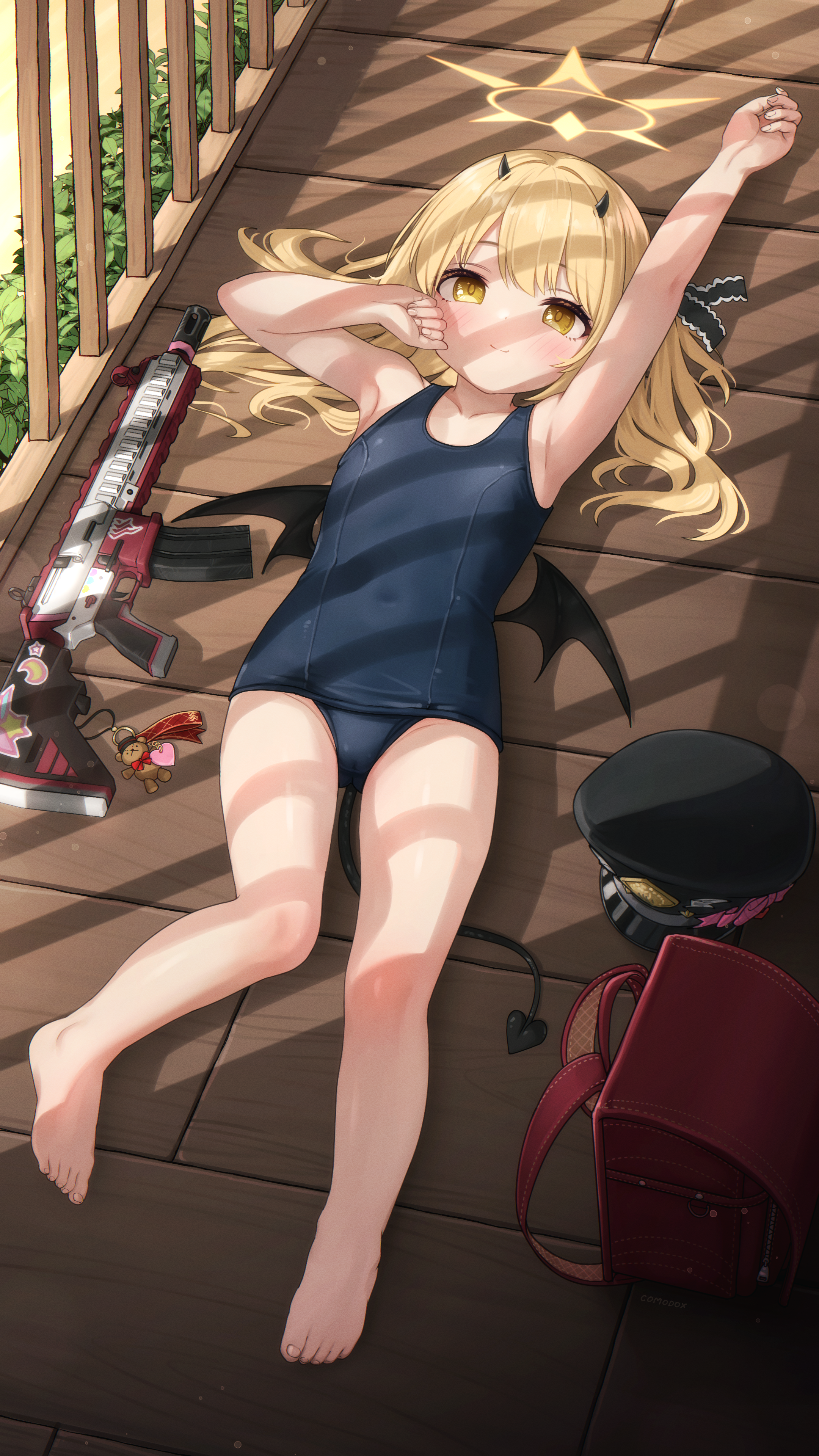 comodox, ibuki (blue archive), blue archive, absurdres, commentary, english commentary, highres, large variant set, paid reward available, variant set, 1girl, armpits, bag, bare arms, bare legs, barefoot, black tail, black wings, blonde hair, closed mouth, crime prevention buzzer, demon horns, demon tail, demon wings, flat chest, halo, horns, long hair, looking at viewer, lying, on back, one-piece swimsuit, school swimsuit, solo, swimsuit, tail, toes, weapon, wings, yellow eyes, yellow halo