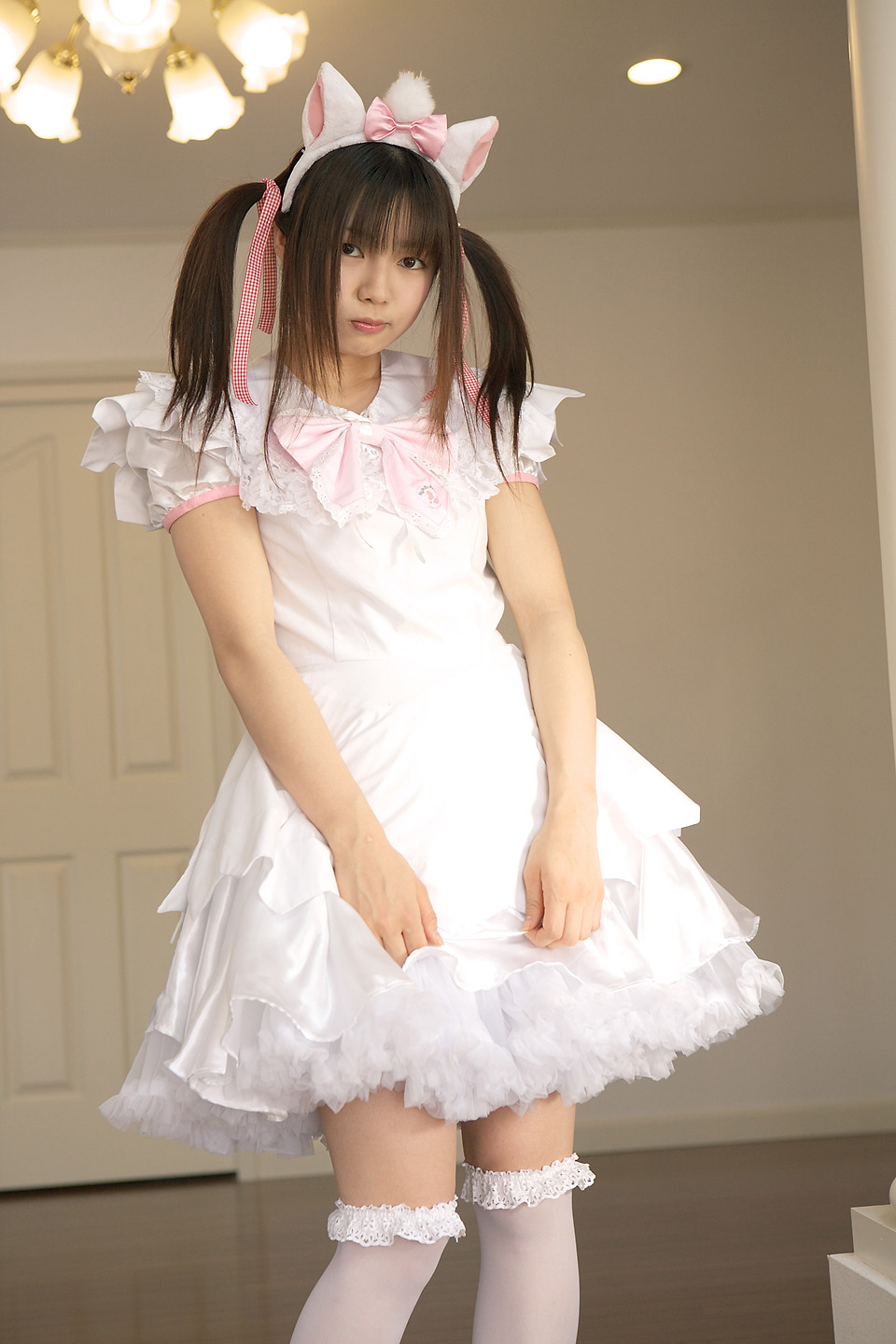 sakura yayoi, marie, highres, photo (medium), animal ears, aristocats, cat ears, cosplay, dress, frilled dress, frills, kneehighs, lace, socks, twintails