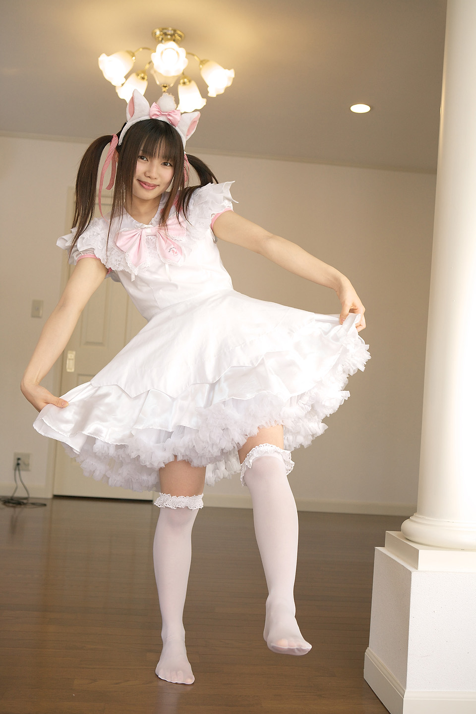 sakura yayoi, marie, highres, photo (medium), animal ears, aristocats, cat ears, cosplay, dress, frilled dress, frills, kneehighs, lace, socks, twintails