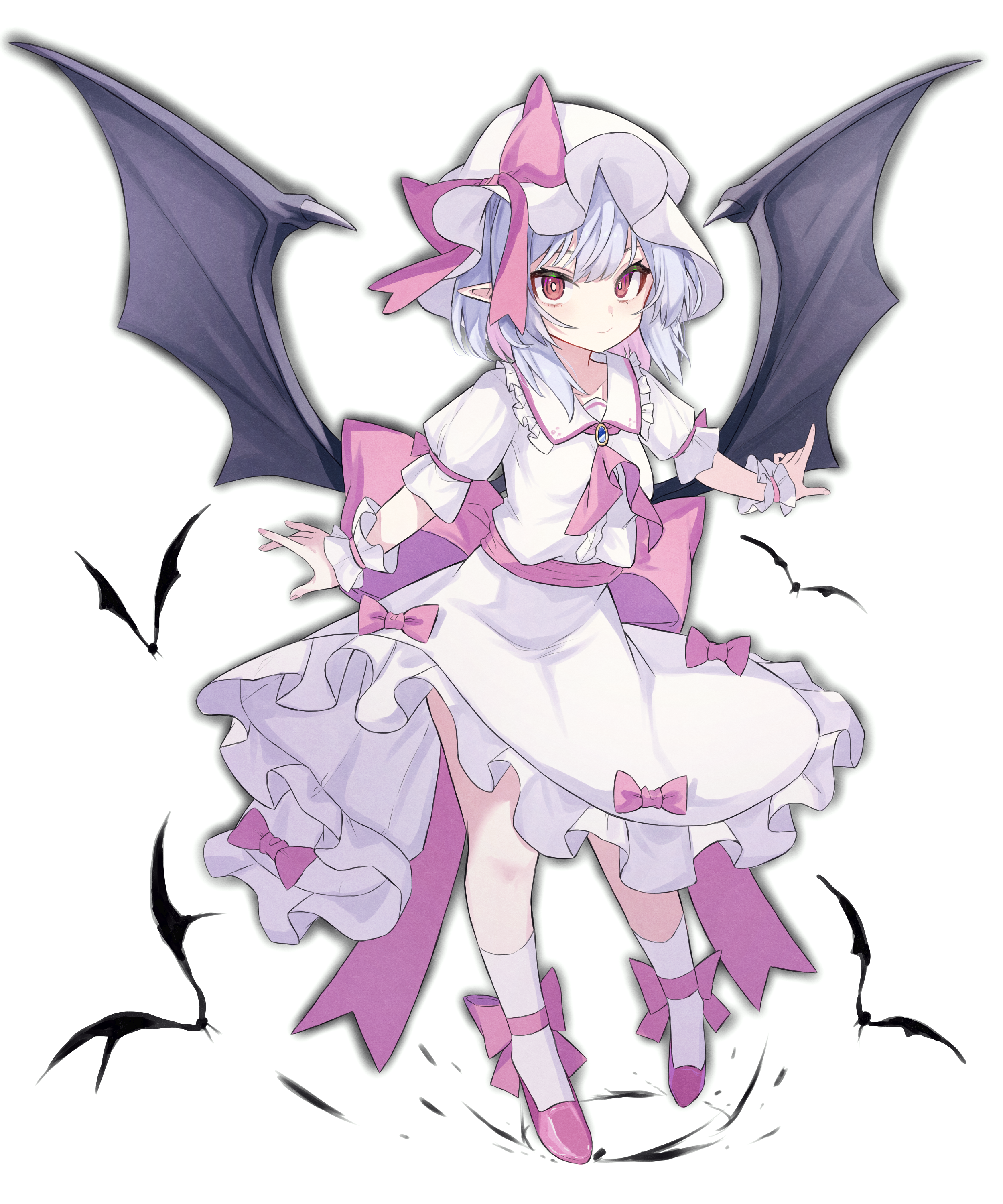 katsukare, remilia scarlet, touhou, absurdres, commentary request, highres, 1girl, animal, ascot, back bow, bat (animal), bat wings, bow, bow skirt, brooch, closed mouth, collared shirt, frilled shirt collar, frills, full body, hat, hat bow, jewelry, looking at viewer, mob cap, outstretched arms, pink ascot, pink bow, pink eyes, pink shoes, pointy ears, puffy short sleeves, puffy sleeves, red eyes, shirt, shoes, short hair, short sleeves, simple background, skirt, socks, solo, spread arms, white background, white shirt, white skirt, white socks, wings, wrist cuffs