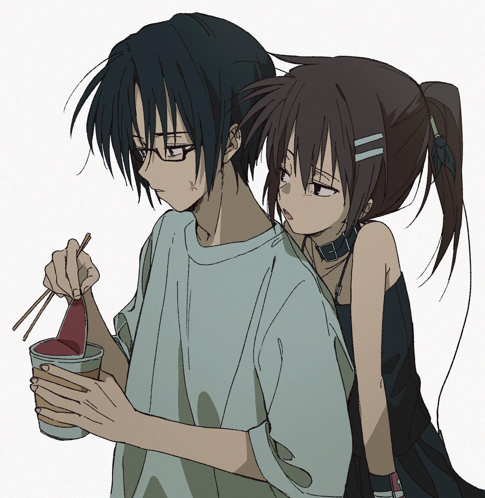 minakami yuki, yuuki tomosane, subarashiki hibi, commentary request, highres, 1boy, 1girl, anger vein, annoyed, belt collar, black-framed eyewear, black dress, black hair, brown eyes, brown hair, chopsticks, collar, cup, cup ramen, dress, eyebrows hidden by hair, film grain, from side, frown, glasses, hair between eyes, hair ornament, hairclip, hands up, holding, holding chopsticks, holding cup, iwillsaveyouso, long hair, long sleeves, looking at another, nose, open mouth, parallel hairclips, parted lips, ponytail, semi-rimless eyewear, shirt, short hair, simple background, sleeveless, sleeveless dress, spiked hair, tsurime, upper body, white background, white shirt