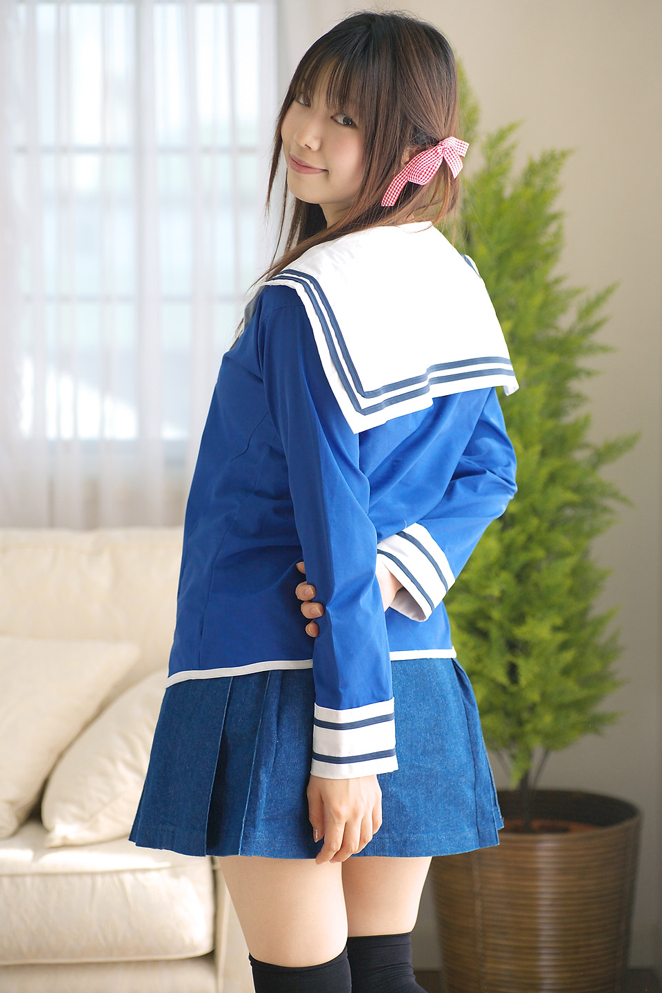 sakura yayoi, highres, photo (medium), cosplay, hair ribbon, ribbon, sailor, school uniform, serafuku, thighhighs, twintails, zettai ryouiki