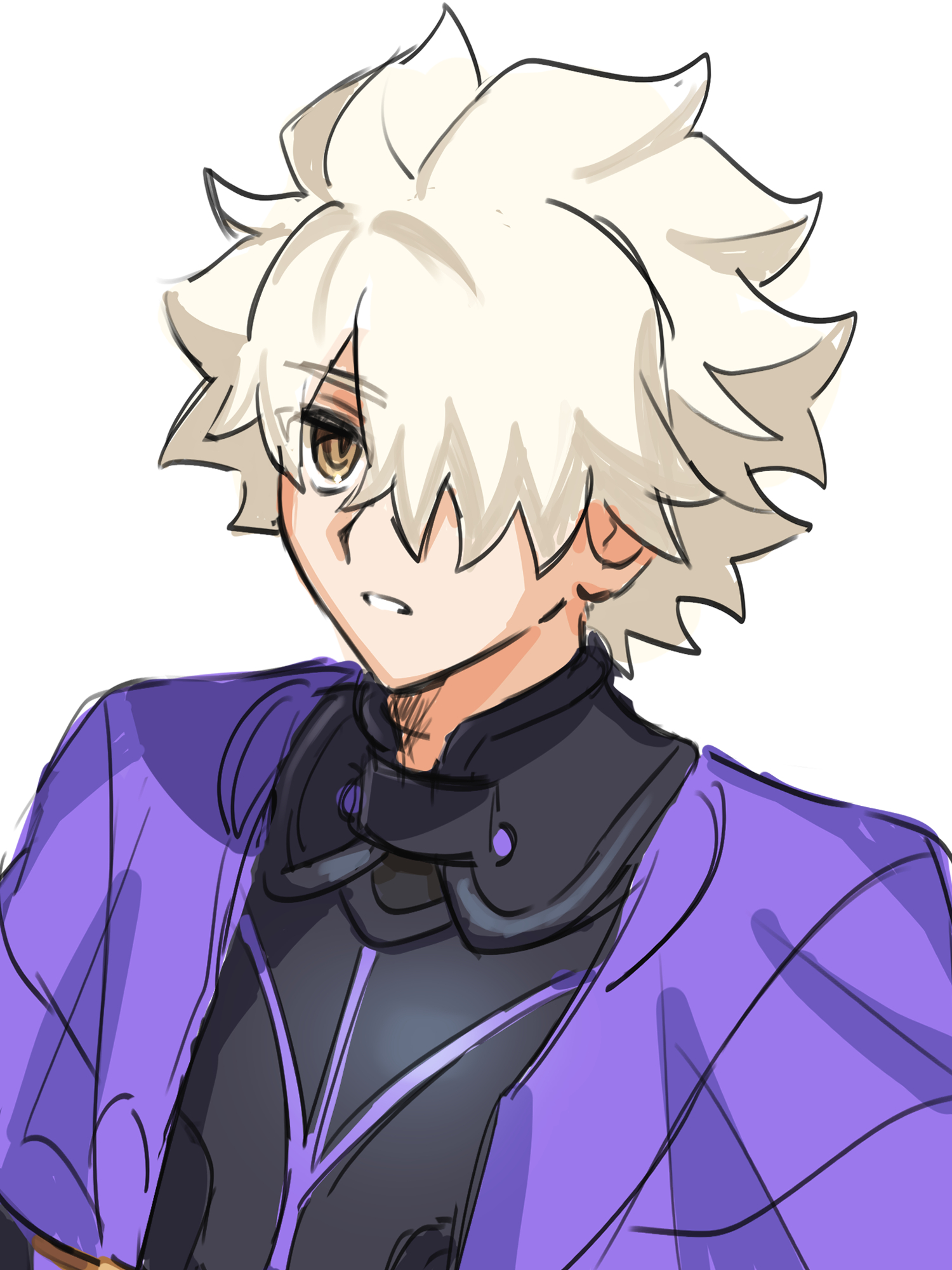 chickenuma 0, galahad (fate), fate/grand order, fate (series), commentary request, highres, 1boy, armor, black armor, breastplate, capelet, hair over one eye, knight, looking at viewer, male focus, one eye covered, purple capelet, simple background, solo, white background, white hair