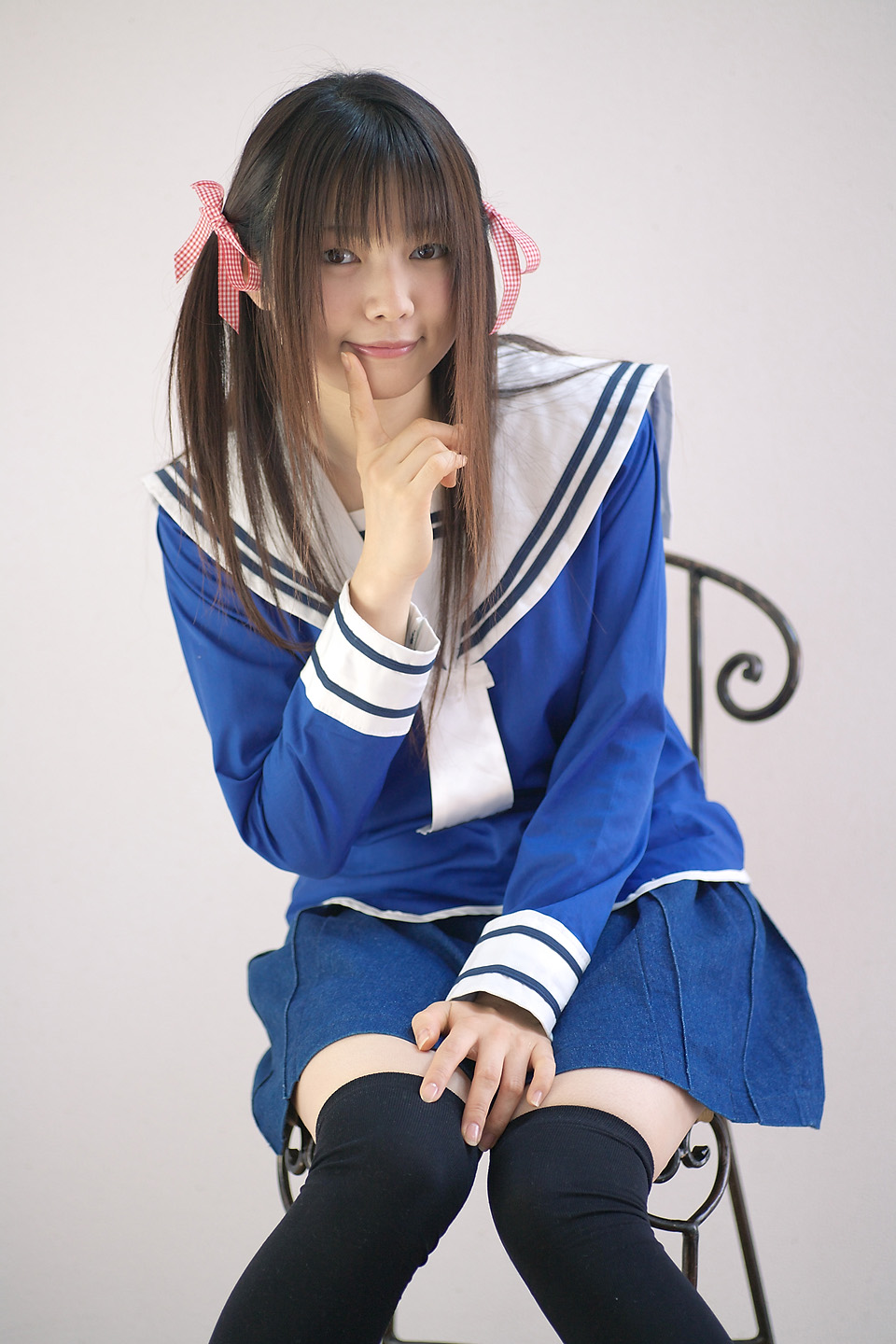 sakura yayoi, highres, photo (medium), cosplay, hair ribbon, ribbon, sailor, school uniform, serafuku, thighhighs, twintails, zettai ryouiki