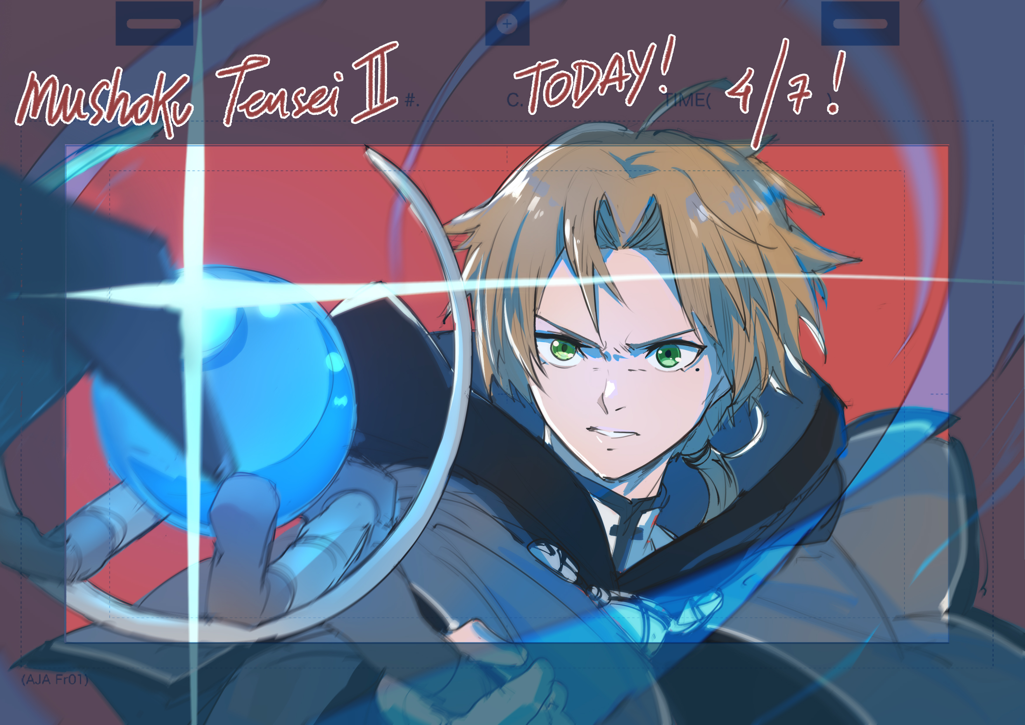 solkorra, rudeus greyrat, mushoku tensei, absurdres, highres, 1boy, ahoge, brown hair, green eyes, holding, holding staff, mage staff, male focus, mole, mole under eye, ponytail, solo, staff