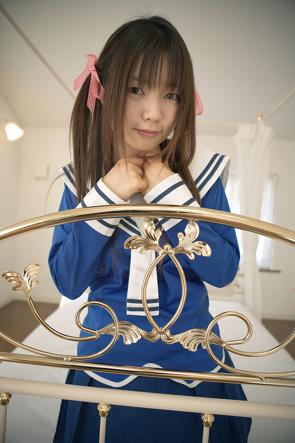 sakura yayoi, highres, photo (medium), cosplay, hair ribbon, ribbon, sailor, school uniform, serafuku, twintails