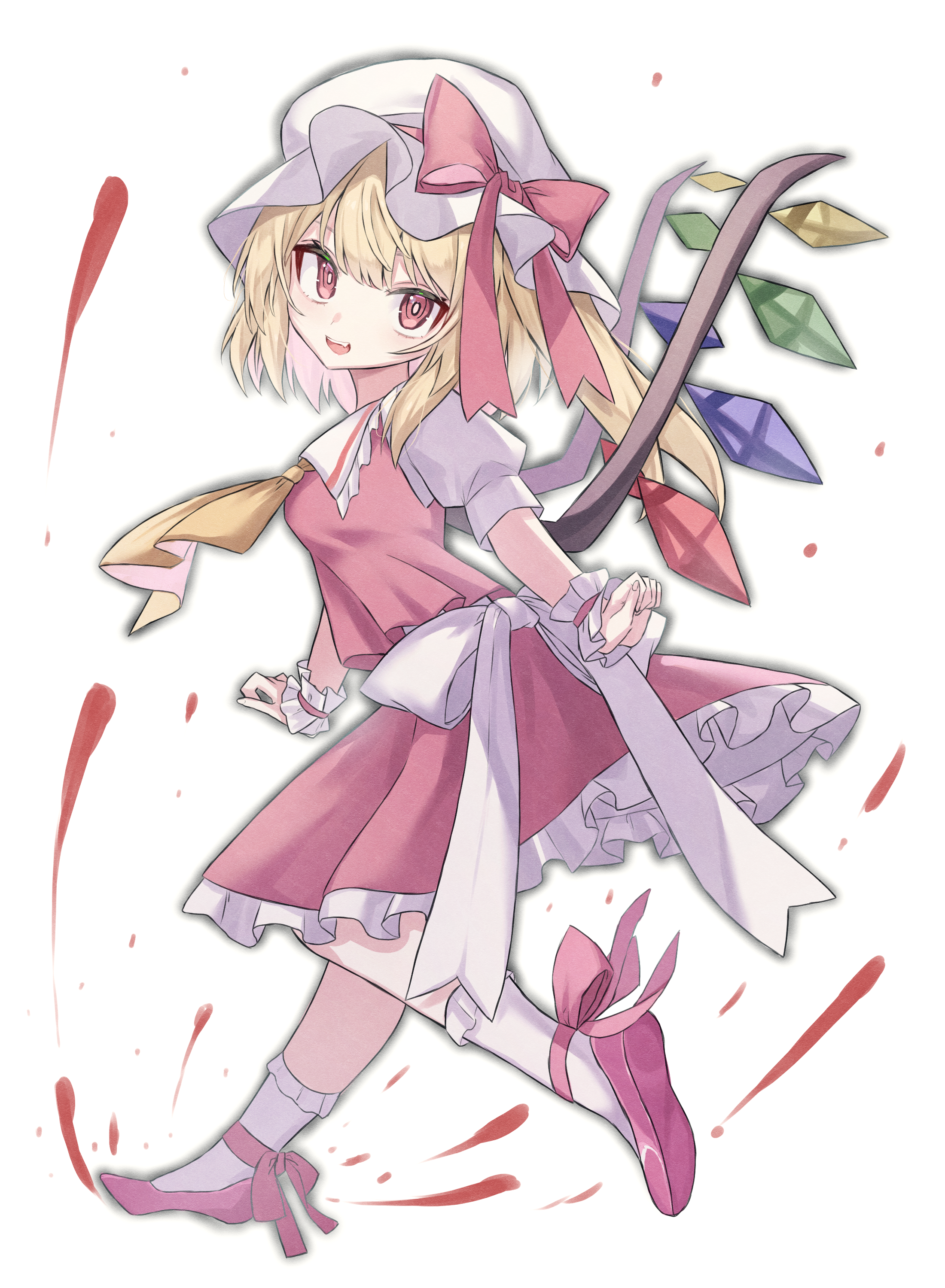 katsukare, flandre scarlet, touhou, absurdres, commentary request, highres, 1girl, ascot, back bow, blonde hair, bow, breasts, collared shirt, crystal, crystal wings, frilled shirt collar, frilled skirt, frills, full body, hat, hat bow, looking at viewer, mob cap, multicolored wings, one side up, open mouth, pink shoes, puffy short sleeves, puffy sleeves, red bow, red eyes, red skirt, red vest, shirt, shoes, short sleeves, skirt, skirt set, smile, socks, solo, vest, white bow, white hat, white shirt, white socks, wings, wrist cuffs, yellow ascot