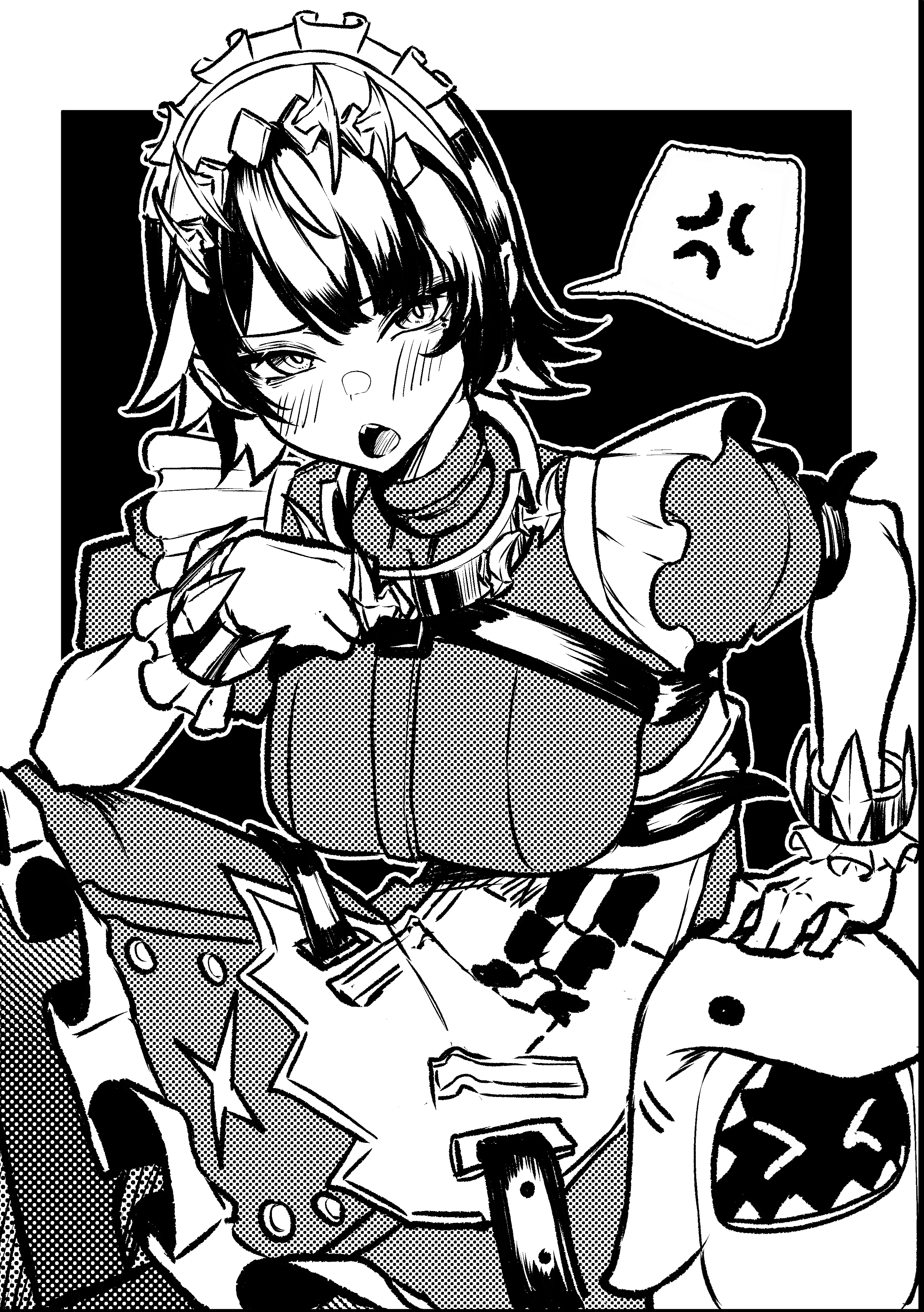 mirui09, bangboo (zenless zone zero), ellen joe, sharkboo (zenless zone zero), zenless zone zero, absurdres, commentary, highres, 1girl, anger vein, apron, black background, border, breasts, cowboy shot, dress, frilled wristband, greyscale, hairband, large breasts, looking at viewer, maid, maid apron, maid headdress, metal hairband, monochrome, open mouth, outside border, parted bangs, shark girl, short hair, short sleeves, solo focus, speech bubble, spiked headband, spoken anger vein, unconventional maid, white border