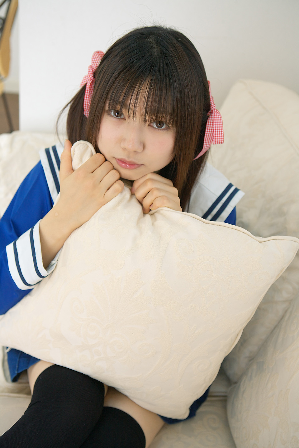 sakura yayoi, highres, photo (medium), cosplay, hair ribbon, ribbon, sailor, school uniform, serafuku, thighhighs, twintails, zettai ryouiki