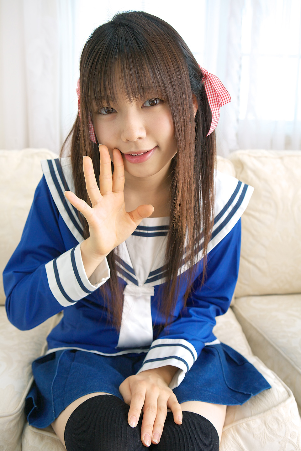 sakura yayoi, highres, photo (medium), cosplay, hair ribbon, ribbon, sailor, school uniform, serafuku, thighhighs, twintails, zettai ryouiki
