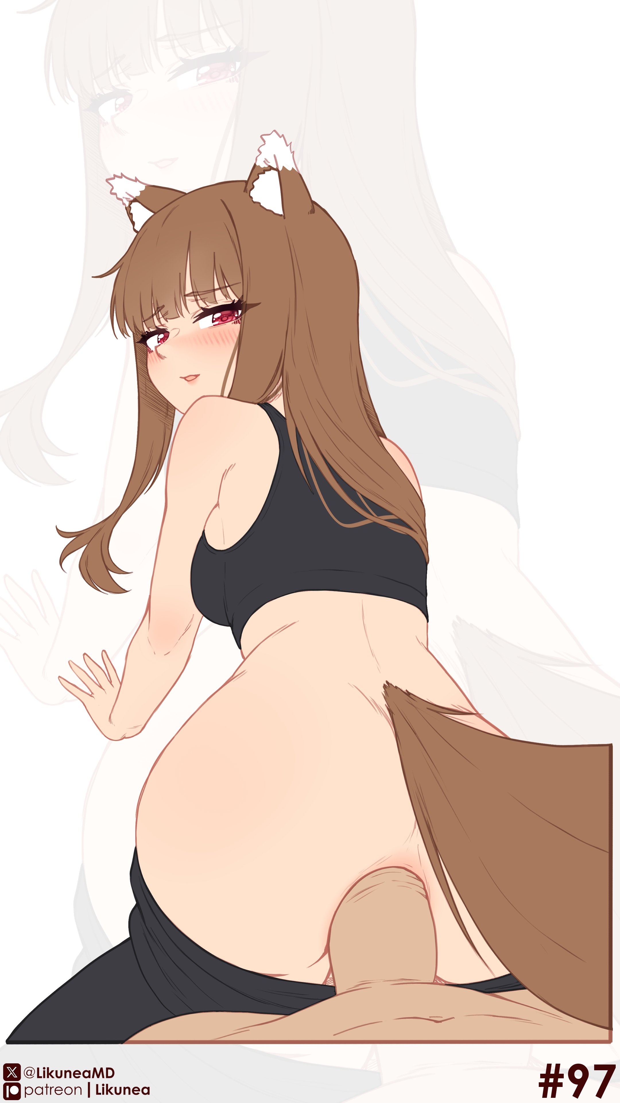 likunea, holo, spice and wolf, absurdres, commentary, english commentary, highres, 1boy, 1girl, anal, animal ears, ass, black sports bra, blush, breasts, brown hair, from behind, hetero, long hair, looking at viewer, looking back, medium breasts, patreon logo, patreon username, red eyes, sex, sex from behind, simple background, solo focus, sports bra, tail, twitter username, twitter x logo, uncensored, white background, wolf ears, wolf girl, wolf tail, zoom layer