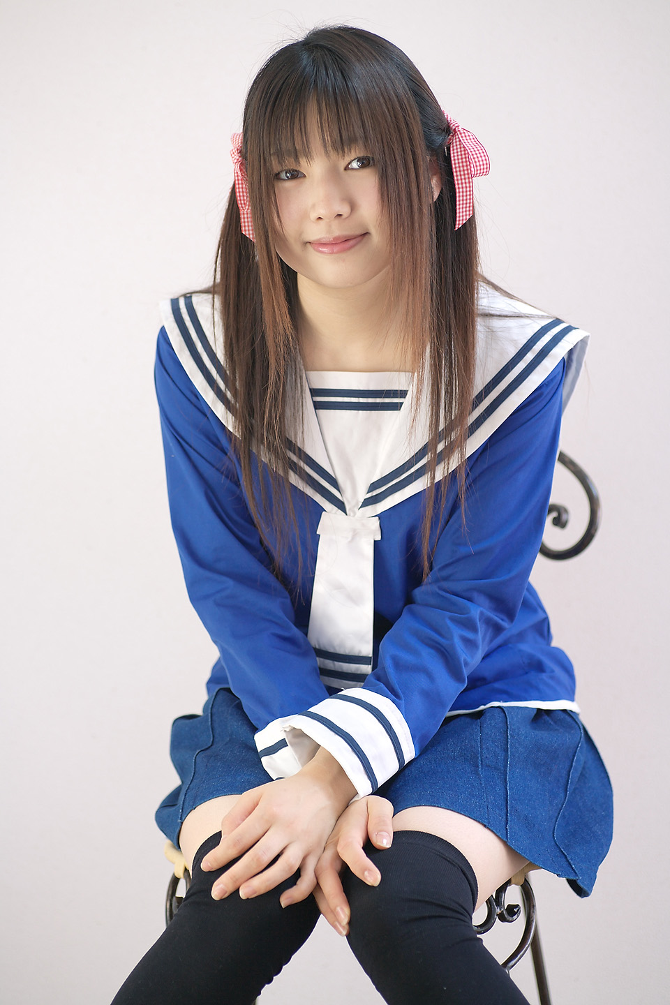 sakura yayoi, highres, photo (medium), cosplay, hair ribbon, ribbon, sailor, school uniform, serafuku, thighhighs, twintails, zettai ryouiki