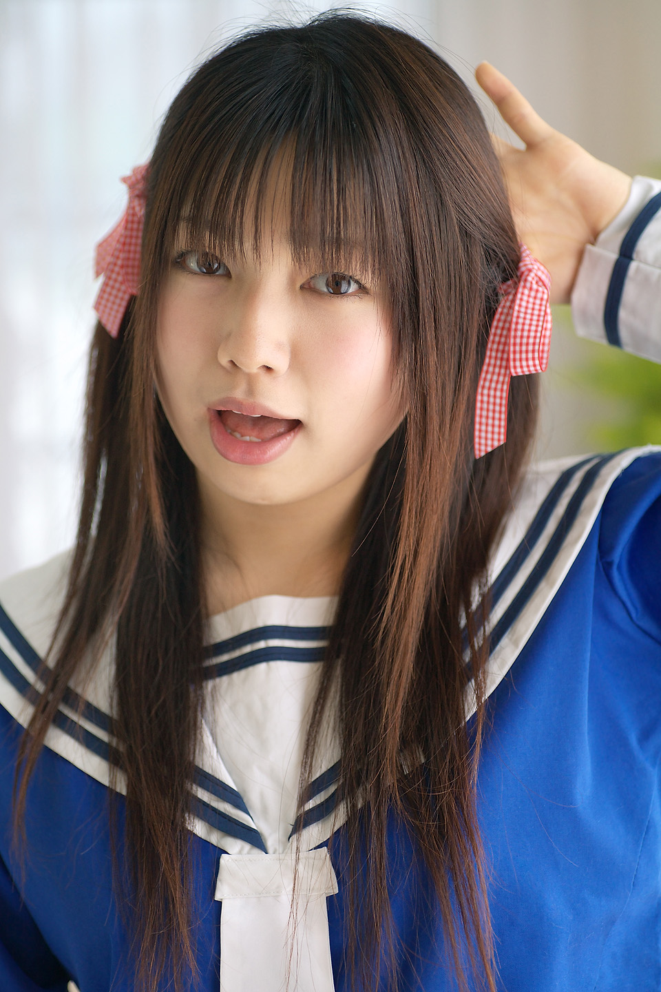 sakura yayoi, highres, photo (medium), cosplay, hair ribbon, ribbon, sailor, school uniform, serafuku, twintails