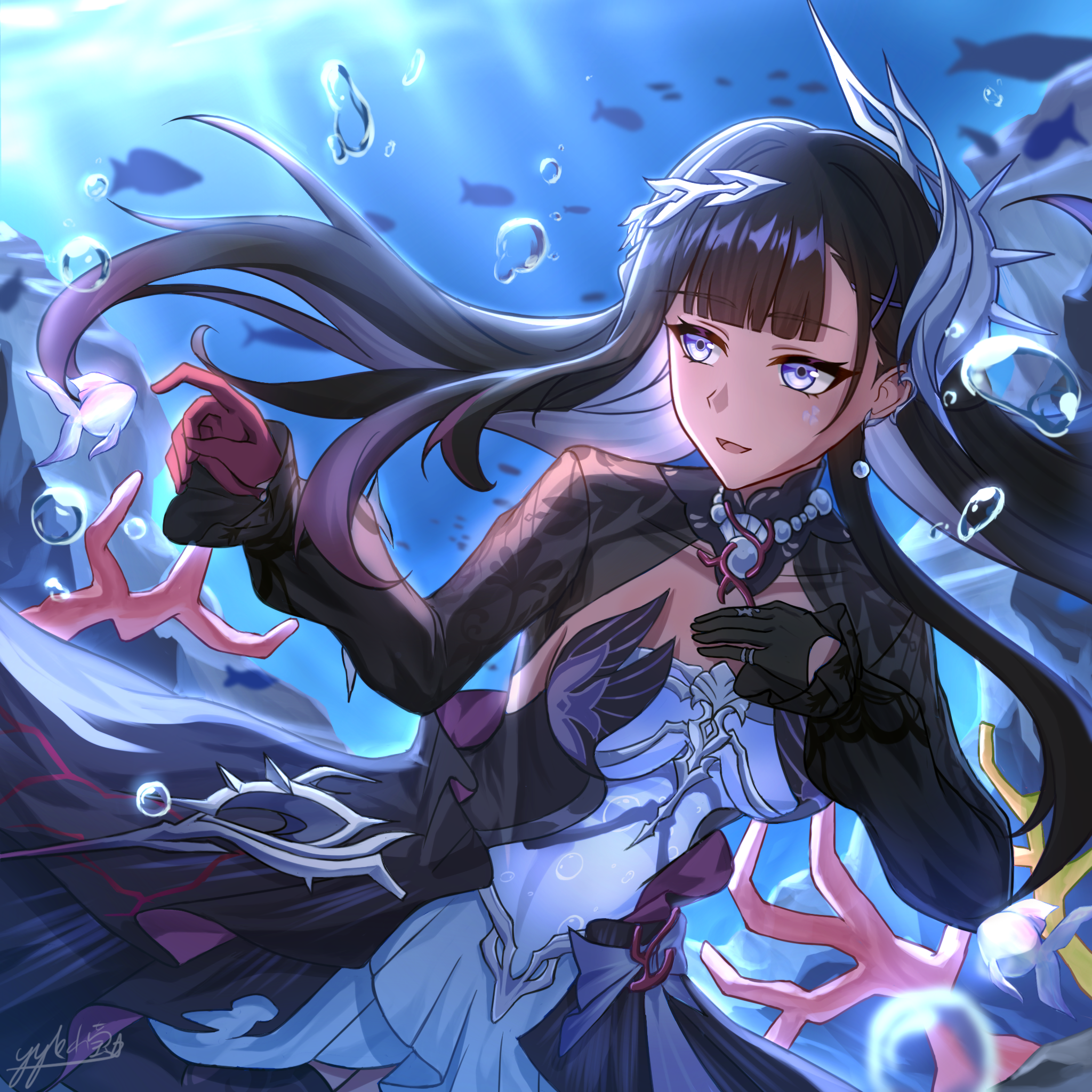 yyk9489, hysilens (honkai: star rail), honkai: star rail, honkai (series), commentary request, highres, 1girl, air bubble, asymmetrical gloves, black gloves, black hair, blue dress, blue eyes, blue hair, breasts, bubble, colored inner hair, dress, earrings, fish, gloves, hair ornament, jewelry, large breasts, long hair, mismatched gloves, multicolored hair, pearl earrings, red gloves, shrug (clothing), solo, two-tone hair, underwater, very long hair