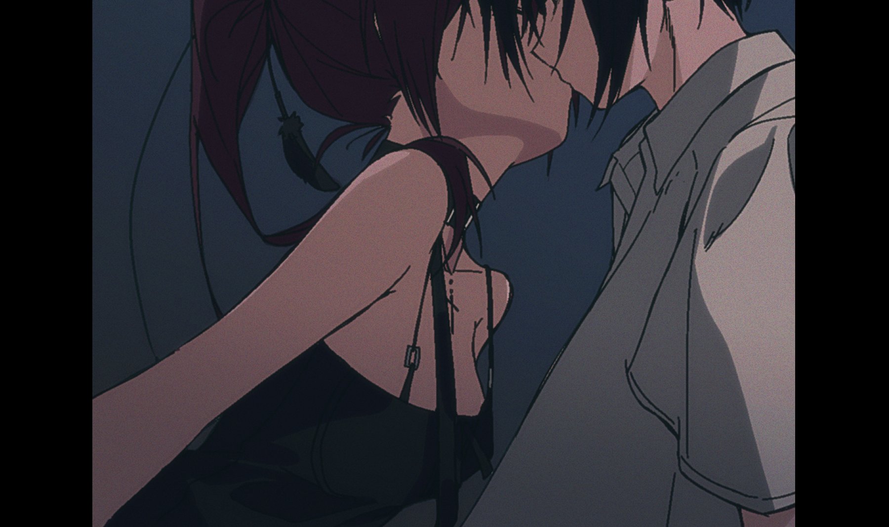 minakami yuki, yuuki tomosane, subarashiki hibi, hashtag-only commentary, highres, 1boy, 1girl, bare shoulders, belt collar, black dress, black hair, breasts, brown hair, collar, collarbone, collared shirt, cross, cross necklace, dress, film grain, from side, hair between eyes, hetero, iwillsaveyouso, jewelry, kiss, large breasts, leaning forward, long hair, necklace, ponytail, profile, shirt, short hair, short sleeves, sidelocks, sleeveless, sleeveless dress, upper body, white shirt
