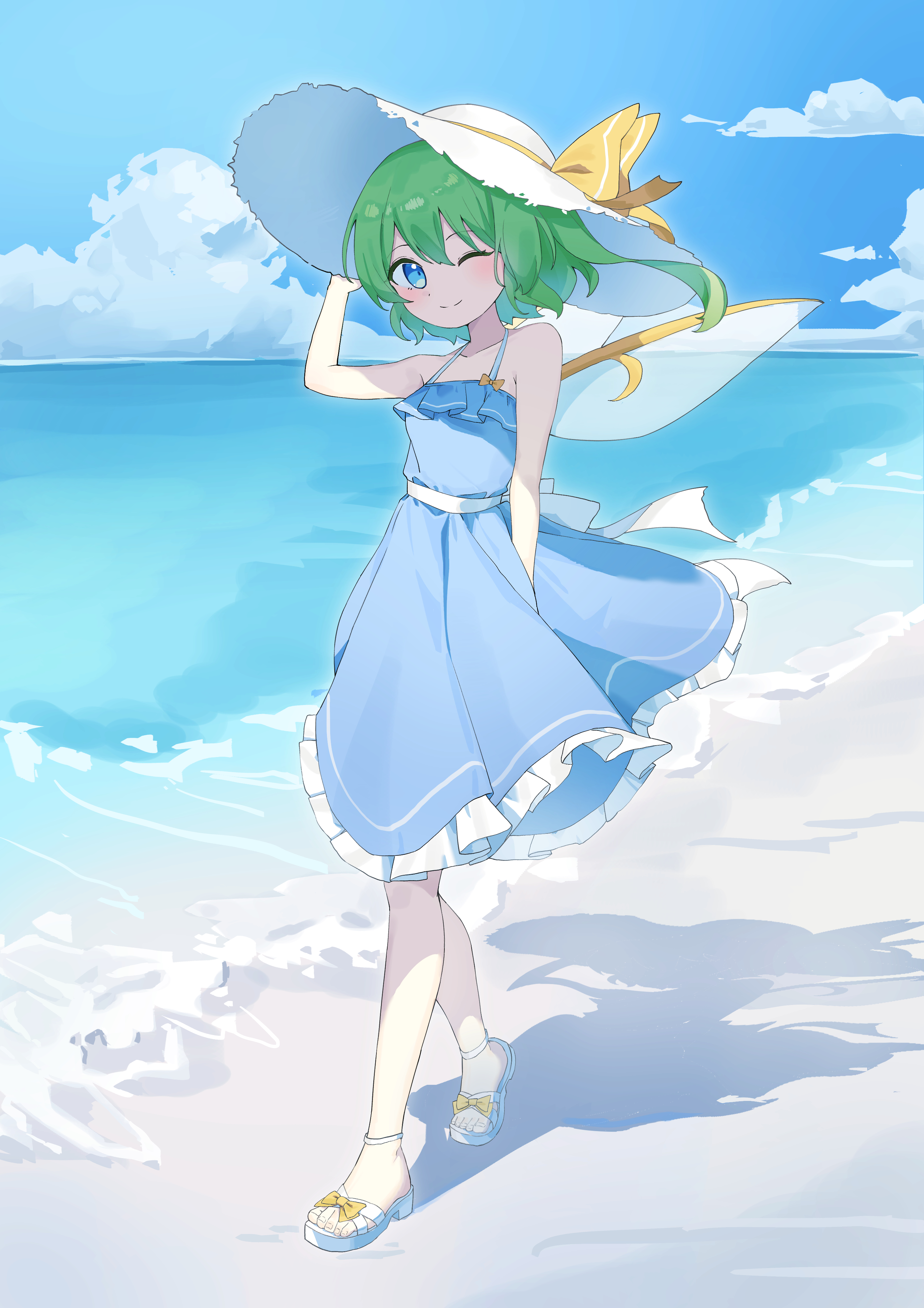 kitahara (pixiv 19528441), daiyousei, touhou, absurdres, commentary, highres, 1girl, alternate costume, beach, blue dress, blue eyes, blue sky, closed mouth, cloud, day, dress, fairy, fairy wings, green hair, hand on headwear, hat, looking at viewer, ocean, one eye closed, sky, sleeveless, sleeveless dress, smile, solo, white hat, wings