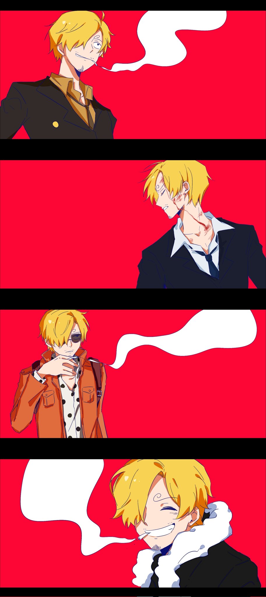 sanji (one piece), one piece, commentary request, highres, 1boy, bag, black suit, blonde hair, blood, blood on face, blood on neck, closed eyes, curly eyebrows, dingdang0724, facial hair, formal clothes, goatee, jacket, male focus, multiple views, mustache, necktie, orange jacket, red background, shoulder bag, smile, suit