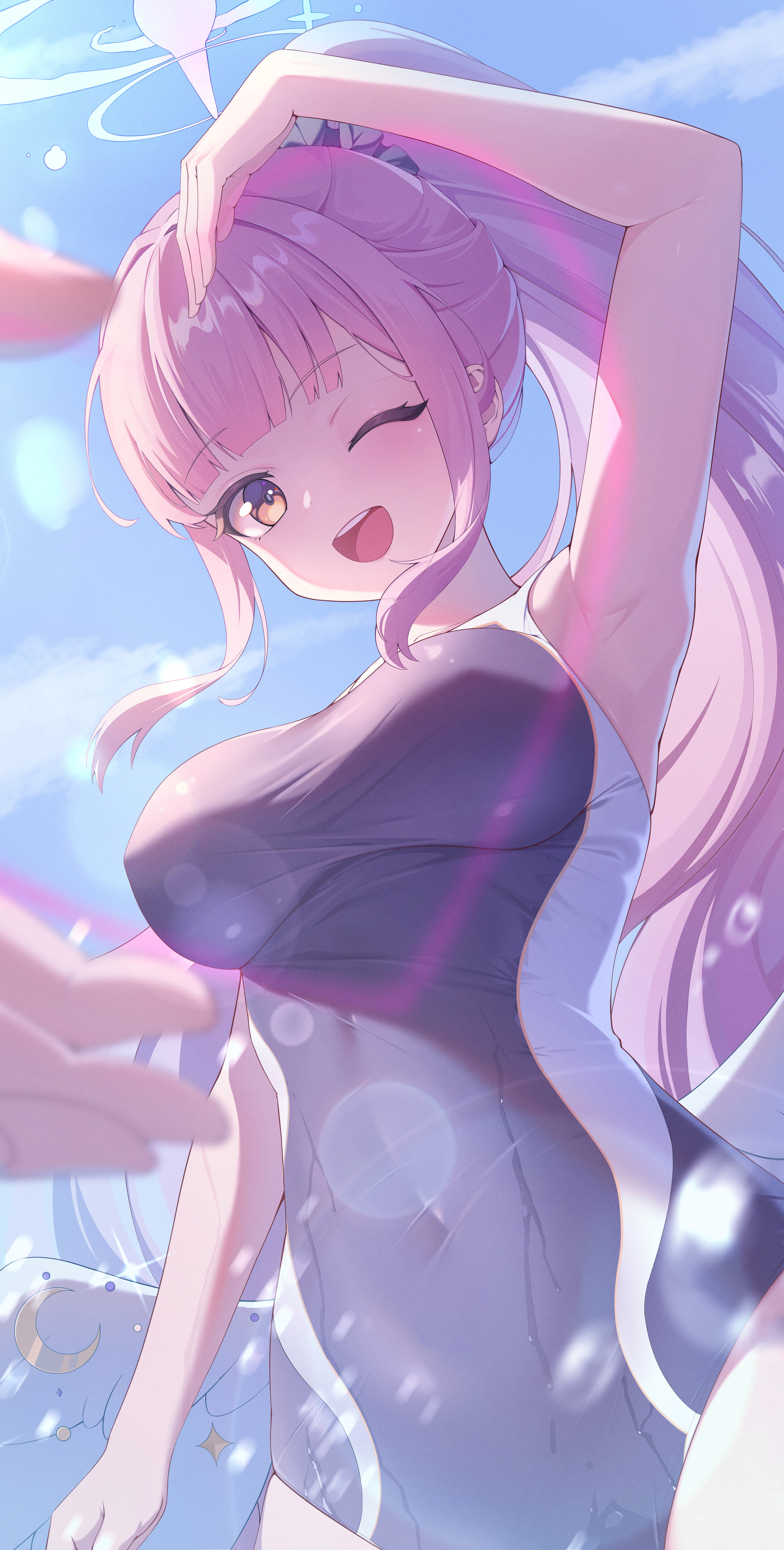 bolinger, mika (blue archive), blue archive, absurdres, highres, 1girl, alternate costume, alternate hairstyle, angel wings, arm up, armpits, blush, breasts, feathered wings, hair ornament, large breasts, long hair, looking at viewer, low wings, medium breasts, navel, one-piece swimsuit, one eye closed, open mouth, ponytail, purple eyes, school swimsuit, smile, swimsuit, very long hair, wet, white wings, wing ornament, wings