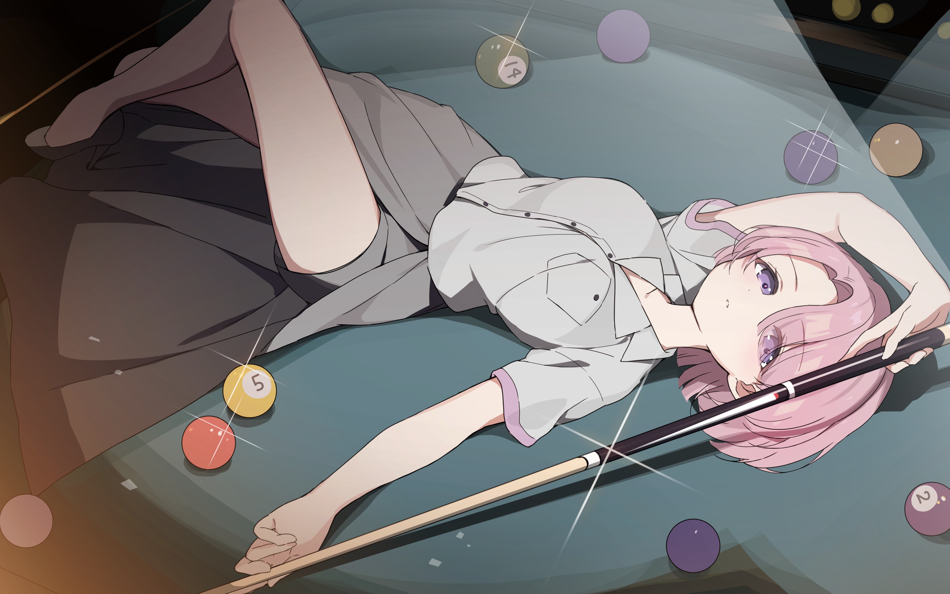 mochigome (ununquadium), arimura mao, gakuen idolmaster, idolmaster, absurdres, highres, 1girl, arm up, ball, breasts, closed mouth, collared shirt, grey shirt, grey shorts, grey skirt, looking at viewer, lying, on back, on table, pink hair, purple eyes, shirt, short hair, short sleeves, shorts, skirt, solo, table