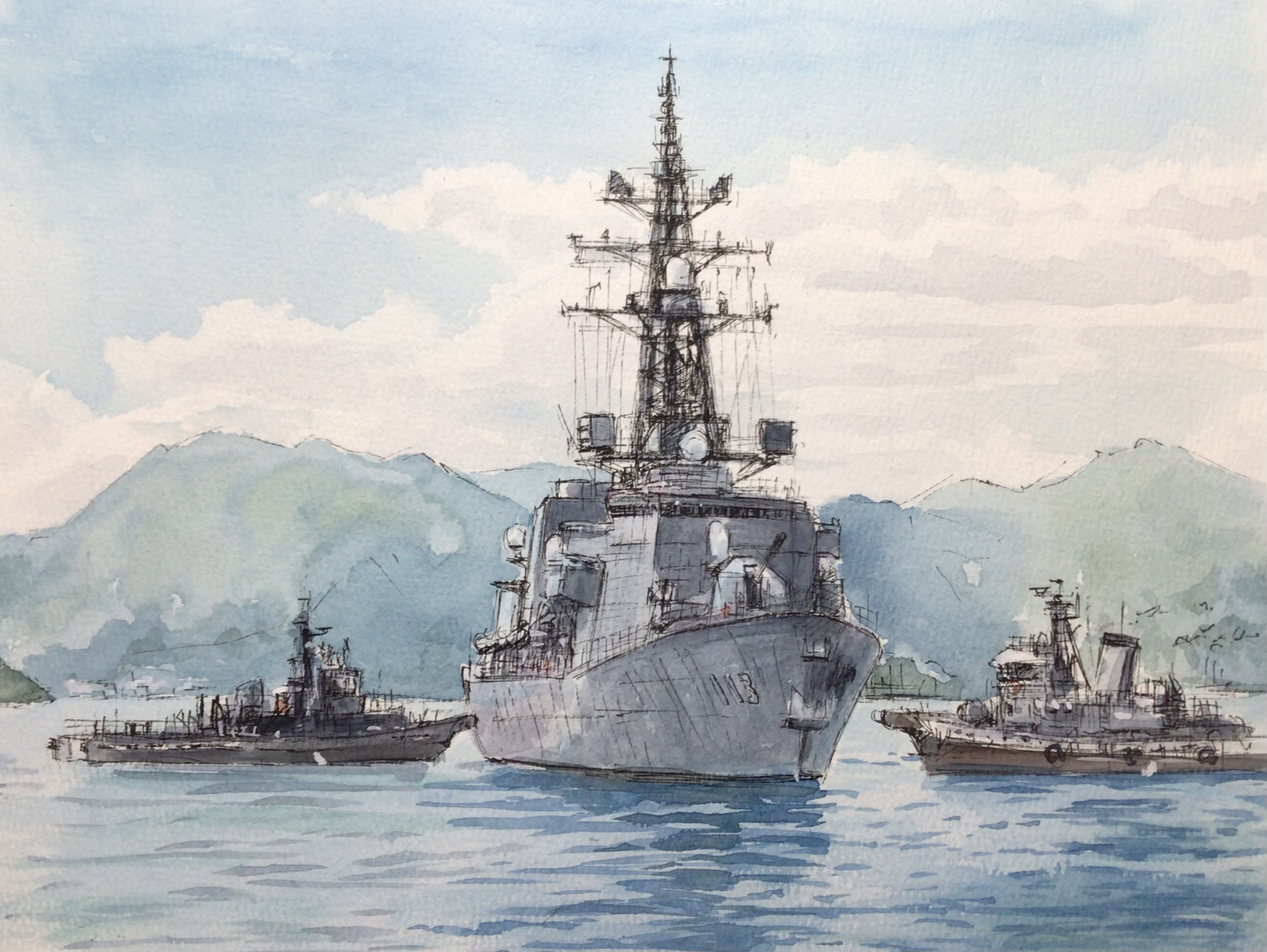 atelier bono, japan maritime self-defense force, japan self-defense force, original, commentary request, highres, making-of available, painting (medium), traditional media, watercolor (medium), blue sky, boat, cloud, destroyer, js sazanami (dd-113), mast, military, military vehicle, mountainous horizon, no humans, scenery, ship, sky, tugboat, vehicle focus, warship, watercraft