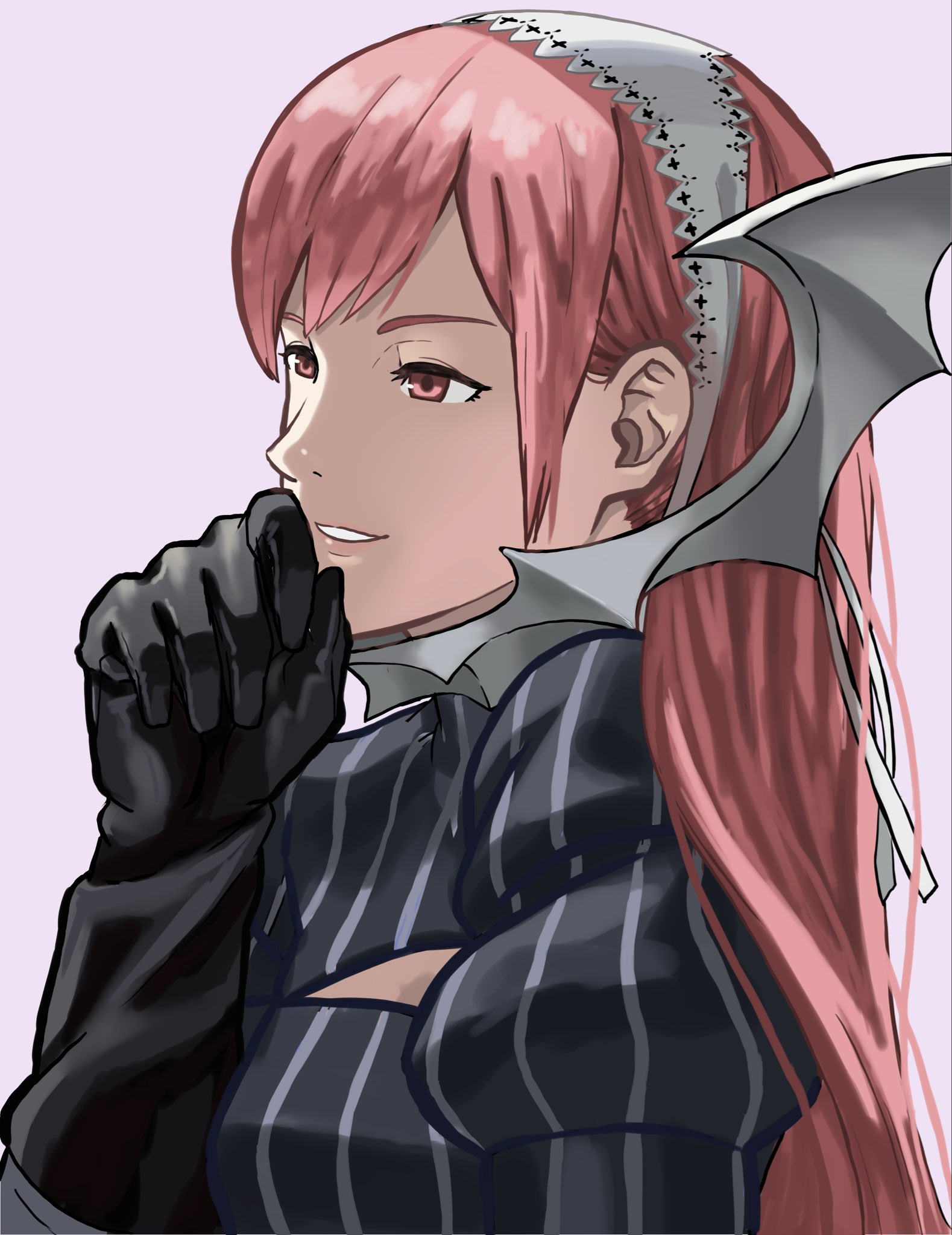 peacefulandflat, cherche (fire emblem), fire emblem, fire emblem awakening, nintendo, hashtag-only commentary, highres, 1girl, black gloves, black sweater, gloves, grey background, grin, hairband, long hair, pink eyes, pink hair, simple background, smile, solo, striped clothes, striped sweater, sweater, vertical-striped sweater, white hairband