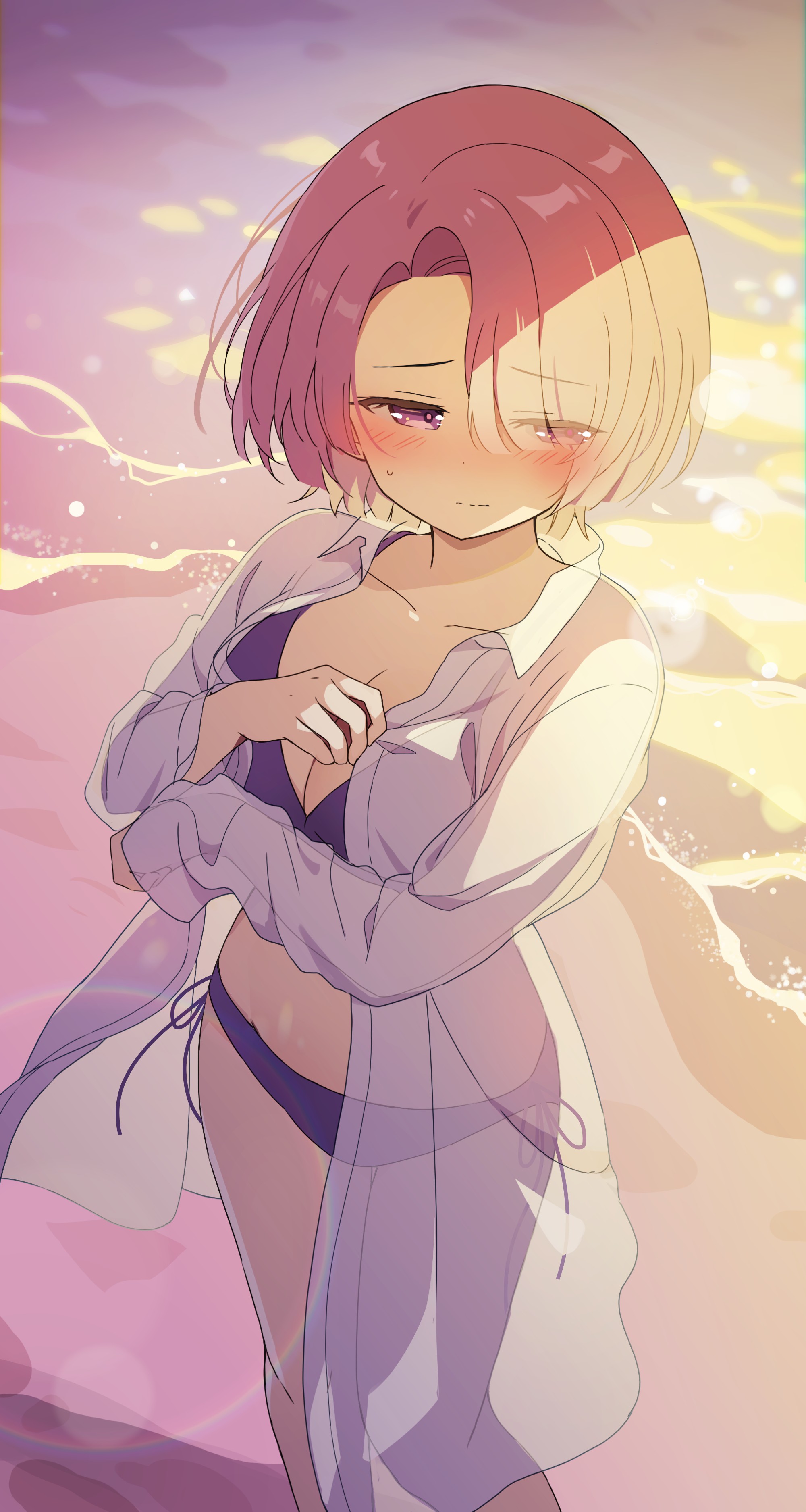 mochigome (ununquadium), arimura mao, gakuen idolmaster, idolmaster, absurdres, highres, 1girl, beach, bikini, bikini under clothes, blush, breasts, cleavage, closed mouth, collarbone, embarrassed, hair over one eye, large breasts, long sleeves, open clothes, open shirt, pink hair, purple bikini, purple eyes, shirt, short hair, side-tie bikini bottom, solo, swimsuit, white shirt