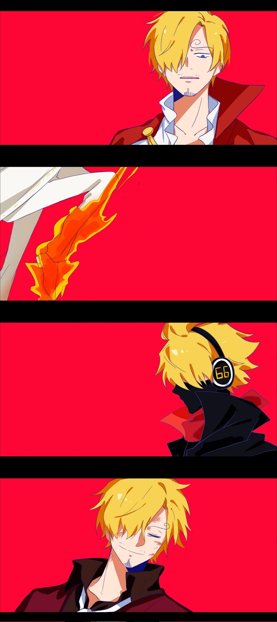 sanji (one piece), one piece, commentary request, highres, 1boy, blonde hair, blue eyes, closed eyes, curly eyebrows, dingdang0724, facial hair, goatee, hair over one eye, headphones, male focus, multiple views, mustache, neckerchief, necktie, red background, red neckerchief, short hair, simple background, smile, white necktie