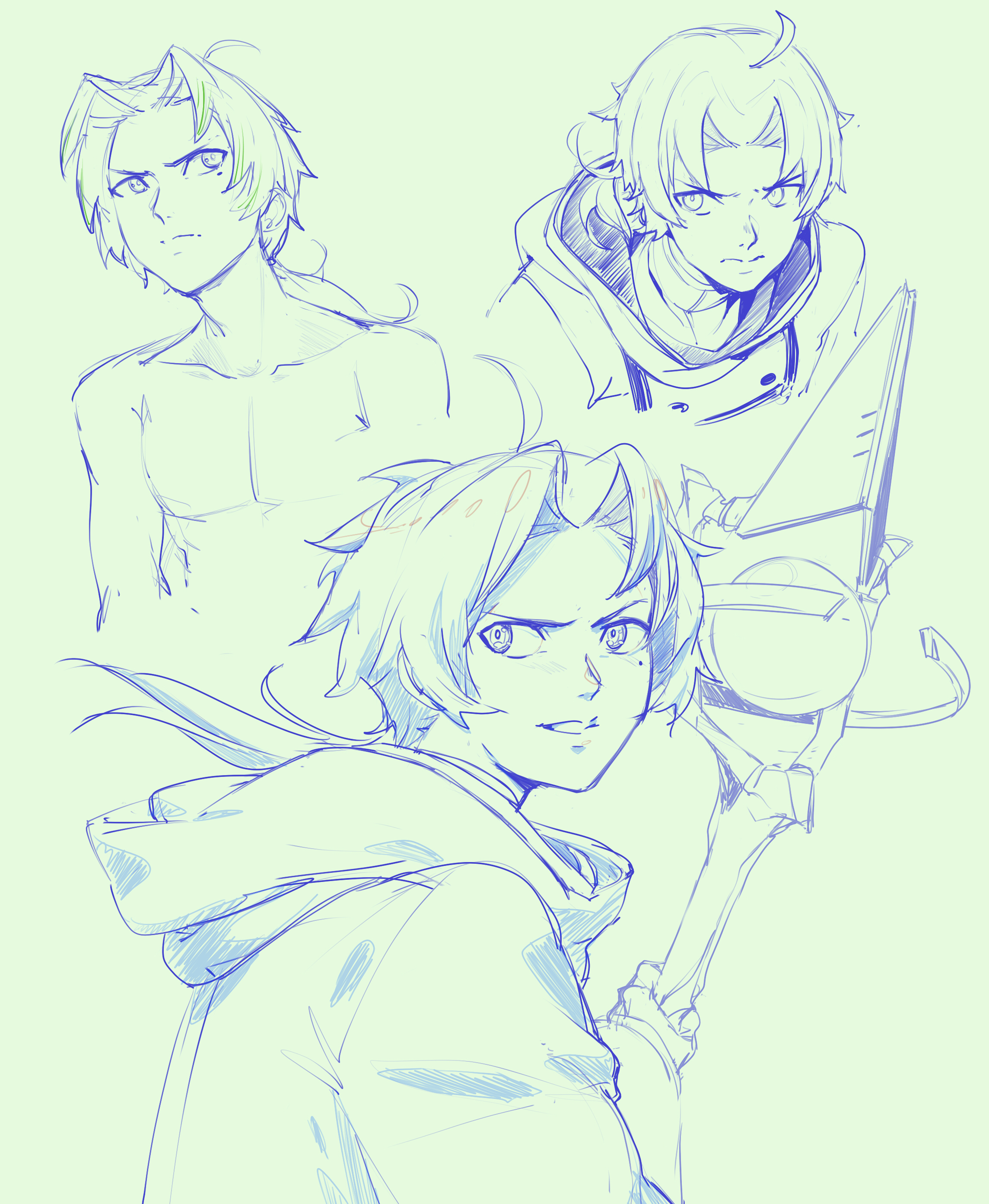 solkorra, rudeus greyrat, mushoku tensei, absurdres, commentary, english commentary, highres, 1boy, ahoge, holding, holding staff, hood, hooded coat, mage staff, male focus, mole, mole under eye, ponytail, serious, sketch, staff, topless other