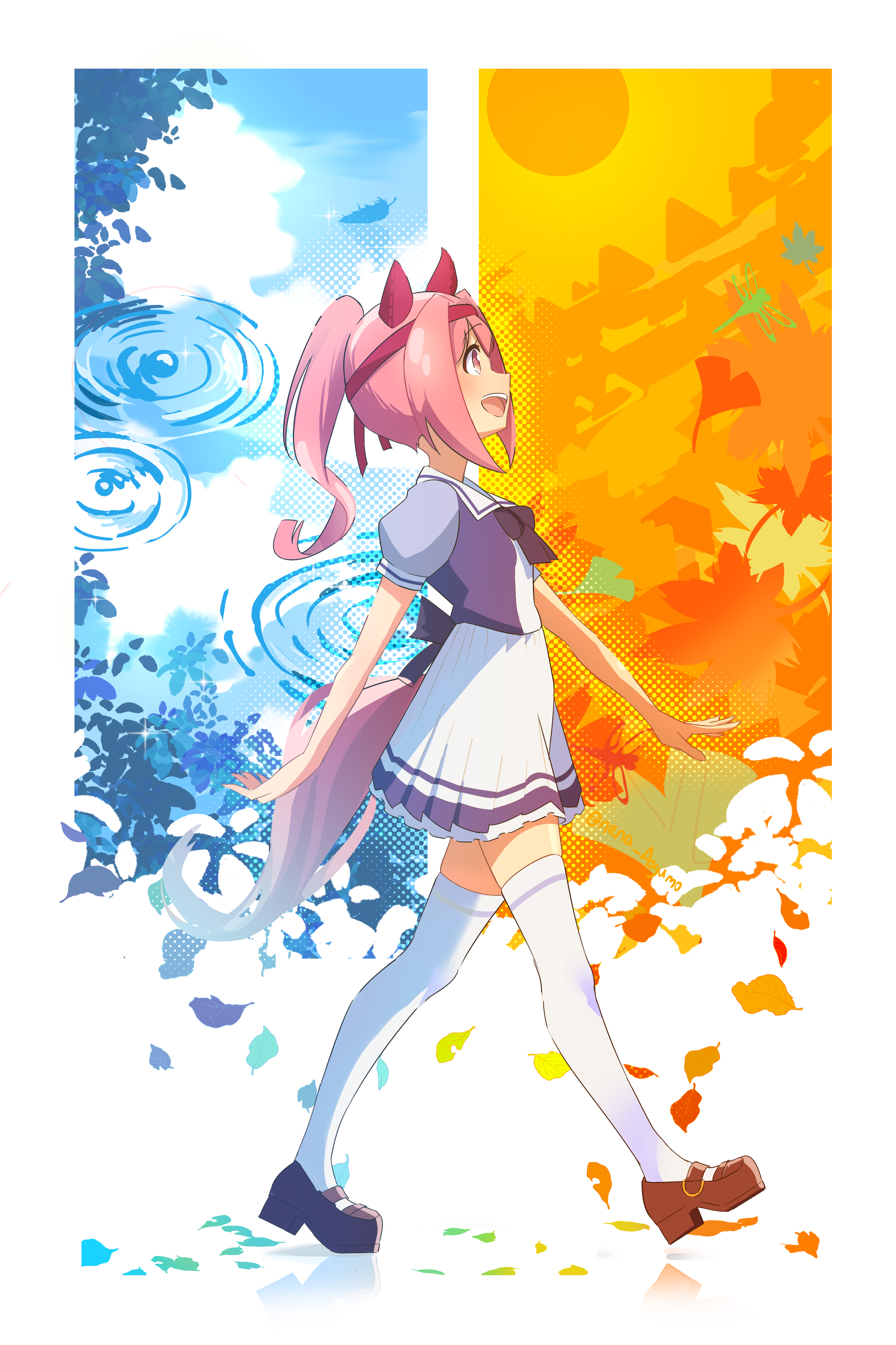 aogumo nena, haru urara (umamusume), umamusume, absurdres, commentary, highres, 1girl, :d, abstract background, animal ears, autumn, back bow, blush, bow, bowtie, brown shoes, bug, ear covers, flower-shaped pupils, full body, headband, horse ears, horse girl, horse tail, leaf, mary janes, open mouth, pink eyes, pink hair, pink headband, pleated skirt, purple bow, purple bowtie, purple serafuku, purple shirt, red headband, reflection, sailor collar, sailor shirt, school uniform, serafuku, shirt, shoes, skirt, smile, solo, summer, sun, symbol-shaped pupils, symbol in eye, tail, teeth, thighhighs, tracen school uniform, tree, upper teeth only, walking, water drop, white background, white skirt, white thighhighs