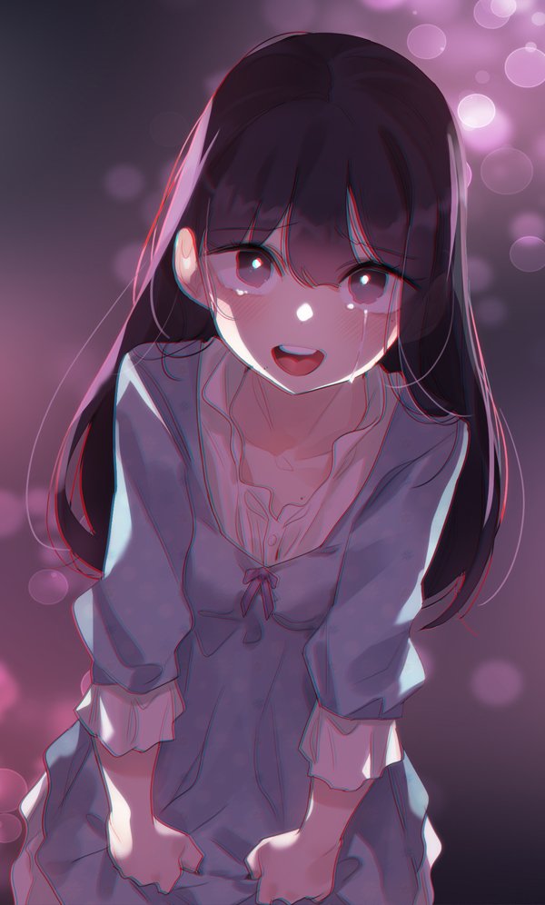 alicecrazy, a pervert's daily life, character request, lowres, official art, 1girl, black eyes, black hair, blue dress, blue skirt, breasts, clothes grab, collarbone, dot nose, dress, dress grab, female focus, long hair, long sleeves, looking at viewer, medium breasts, mole, mole on breast, mole under eye, mole under mouth, night, open mouth, outdoors, skirt, solo, solo focus, tearing up, tears, teeth, upper teeth only