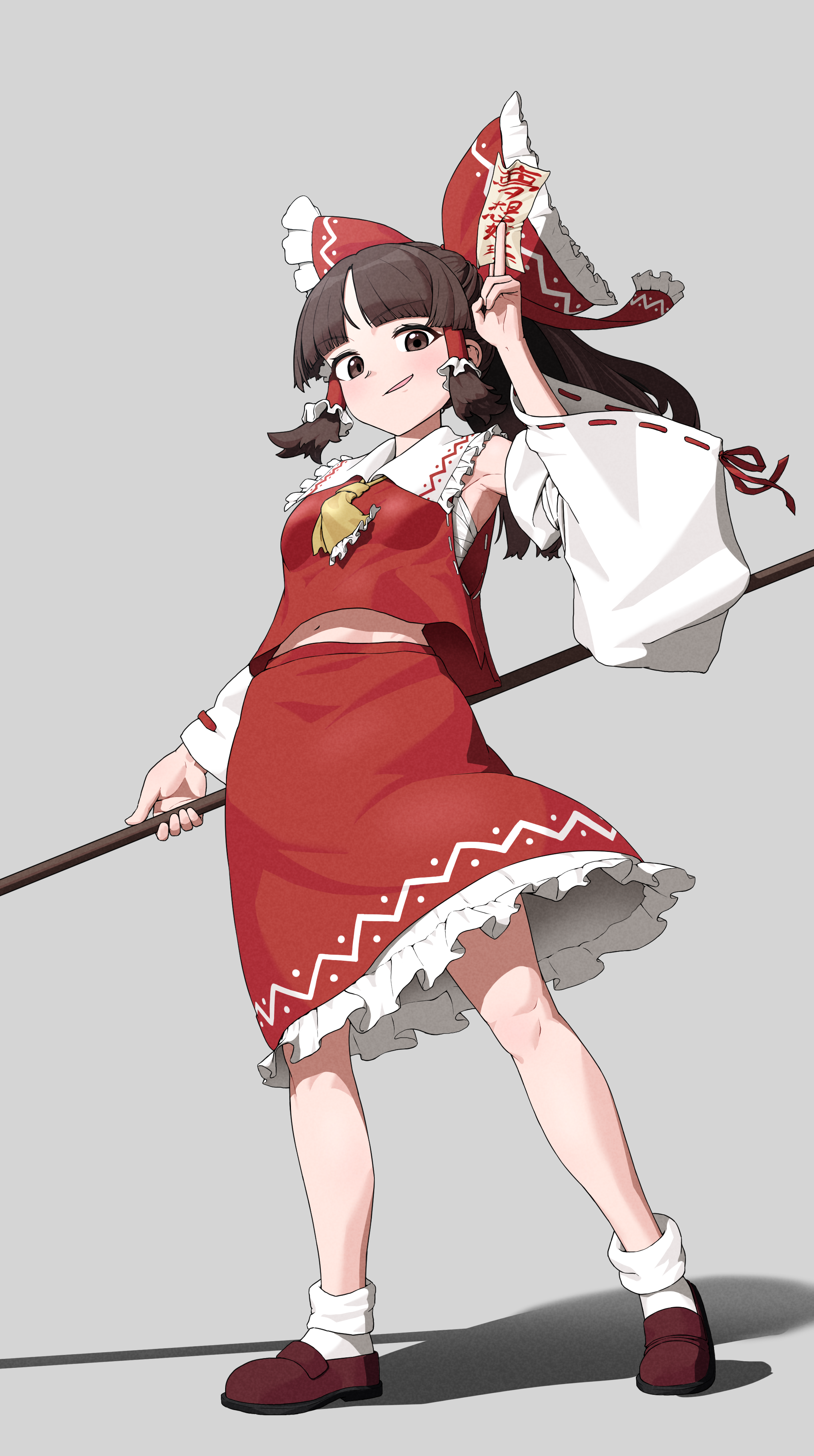 shinka (kmluke), hakurei reimu, touhou, absurdres, commentary, highres, 1girl, ascot, between fingers, bow, breasts, brown eyes, brown hair, brown shoes, detached sleeves, frilled bow, frilled hair tubes, frilled skirt, frills, full body, gohei, hair bow, hair tubes, holding, holding gohei, long hair, ofuda, ofuda between fingers, red bow, red skirt, ribbon-trimmed sleeves, ribbon trim, shoes, skirt, skirt set, socks, solo, white socks, yellow ascot