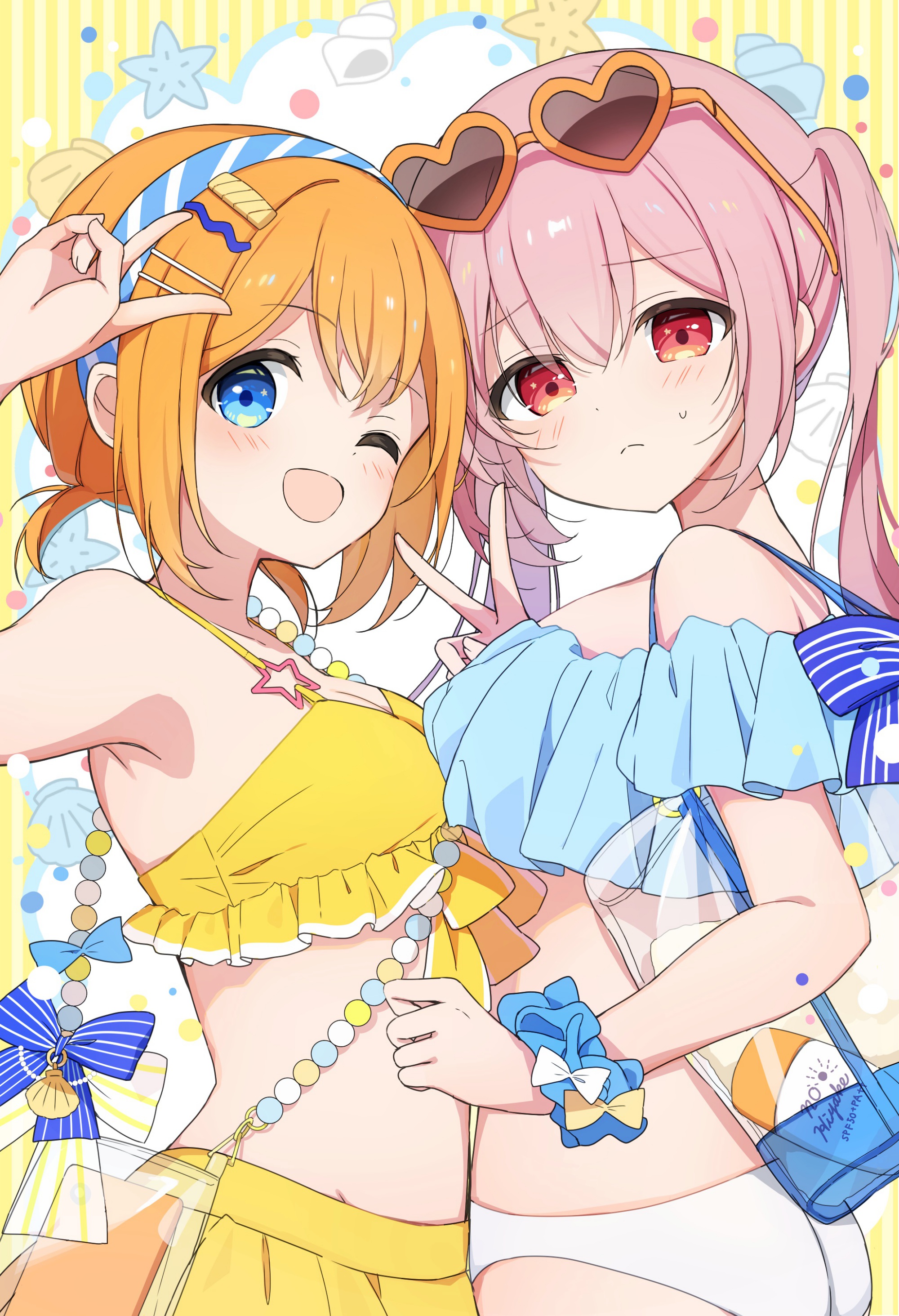 mochigome (ununquadium), original, absurdres, highres, 2girls, ;d, bare shoulders, bikini, blue bikini, blue eyes, blue scrunchie, blush, breasts, closed mouth, eyewear on head, frilled bikini, frills, frown, hair ornament, hairband, hairclip, heart, heart-shaped eyewear, long hair, looking at viewer, medium breasts, multiple girls, one eye closed, open mouth, orange hair, pink hair, red eyes, scrunchie, shell, short hair, smile, sunglasses, swimsuit, twintails, v, wrist scrunchie, yellow bikini
