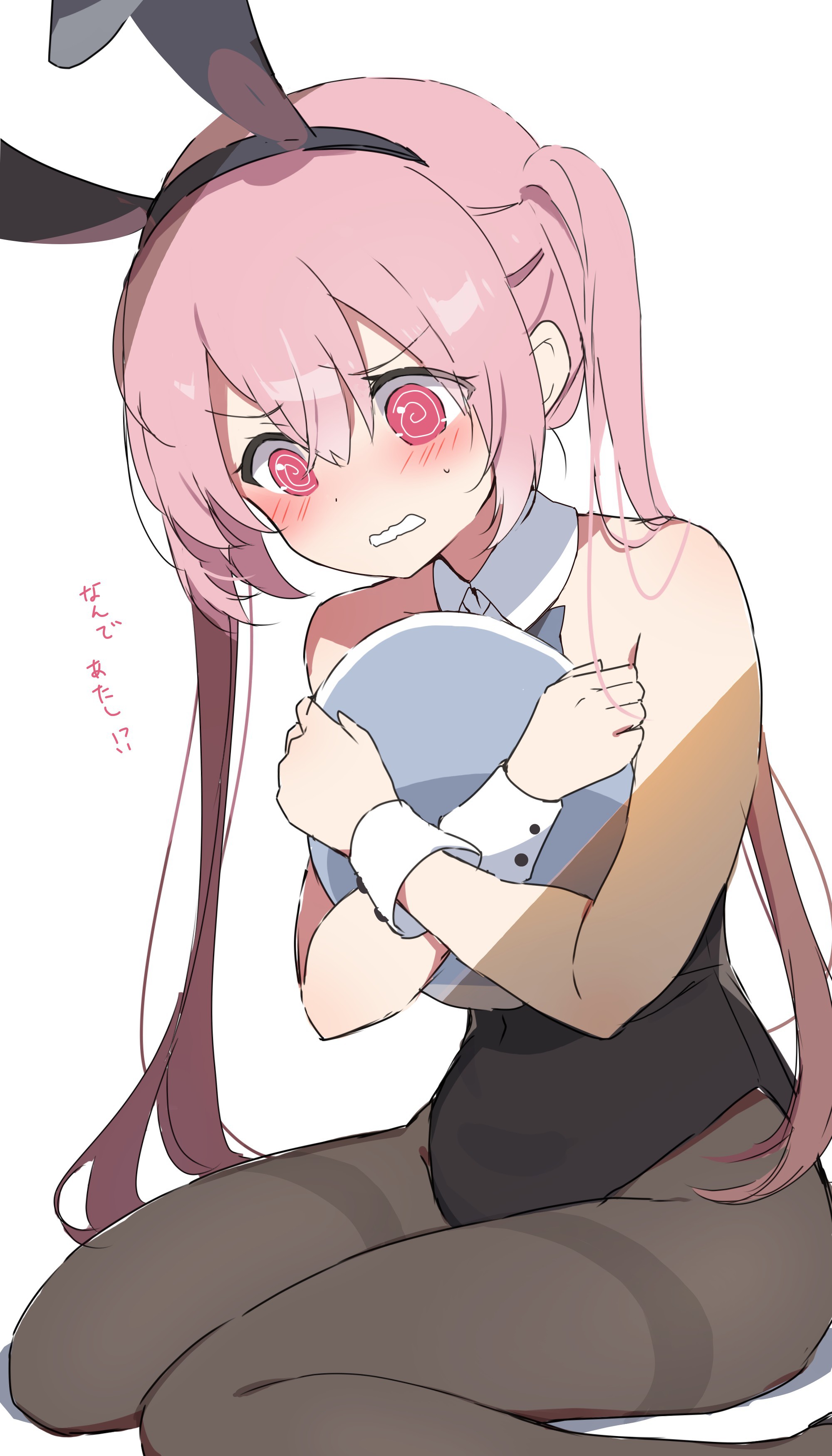 mochigome (ununquadium), original, absurdres, highres, 1girl, @ @, bare shoulders, black leotard, blush, collar, detached collar, hair between eyes, holding, holding tray, leotard, long hair, pantyhose, pink eyes, pink hair, playboy bunny, red eyes, simple background, solo, strapless, strapless leotard, tray, twintails, very long hair, wavy mouth, white background, white collar, wrist cuffs