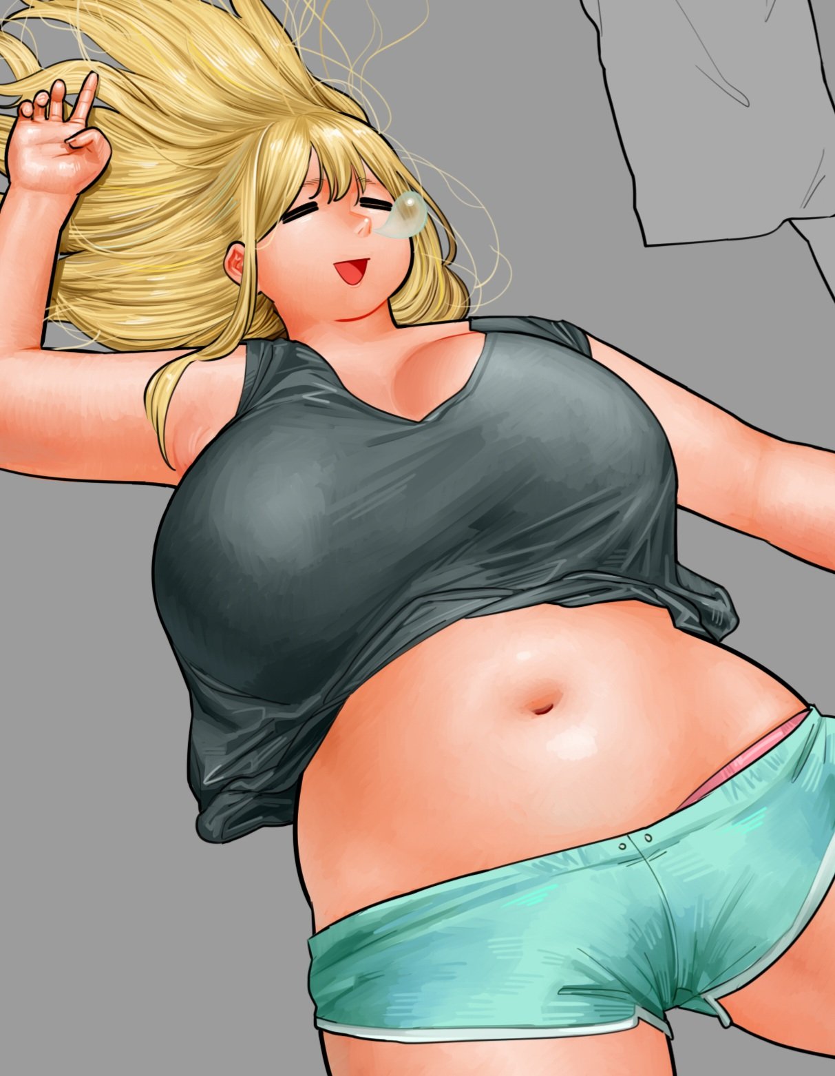 alliend, original, 1girl, aqua shorts, arm up, black shirt, blonde hair, breasts, closed eyes, from above, grey background, huge breasts, long hair, lying, midriff, navel, nose bubble, on back, open mouth, panties, panty peek, pink panties, plump, shirt, short shorts, shorts, sleeping, sleeveless, sleeveless shirt, smile, solo, tank top, underwear