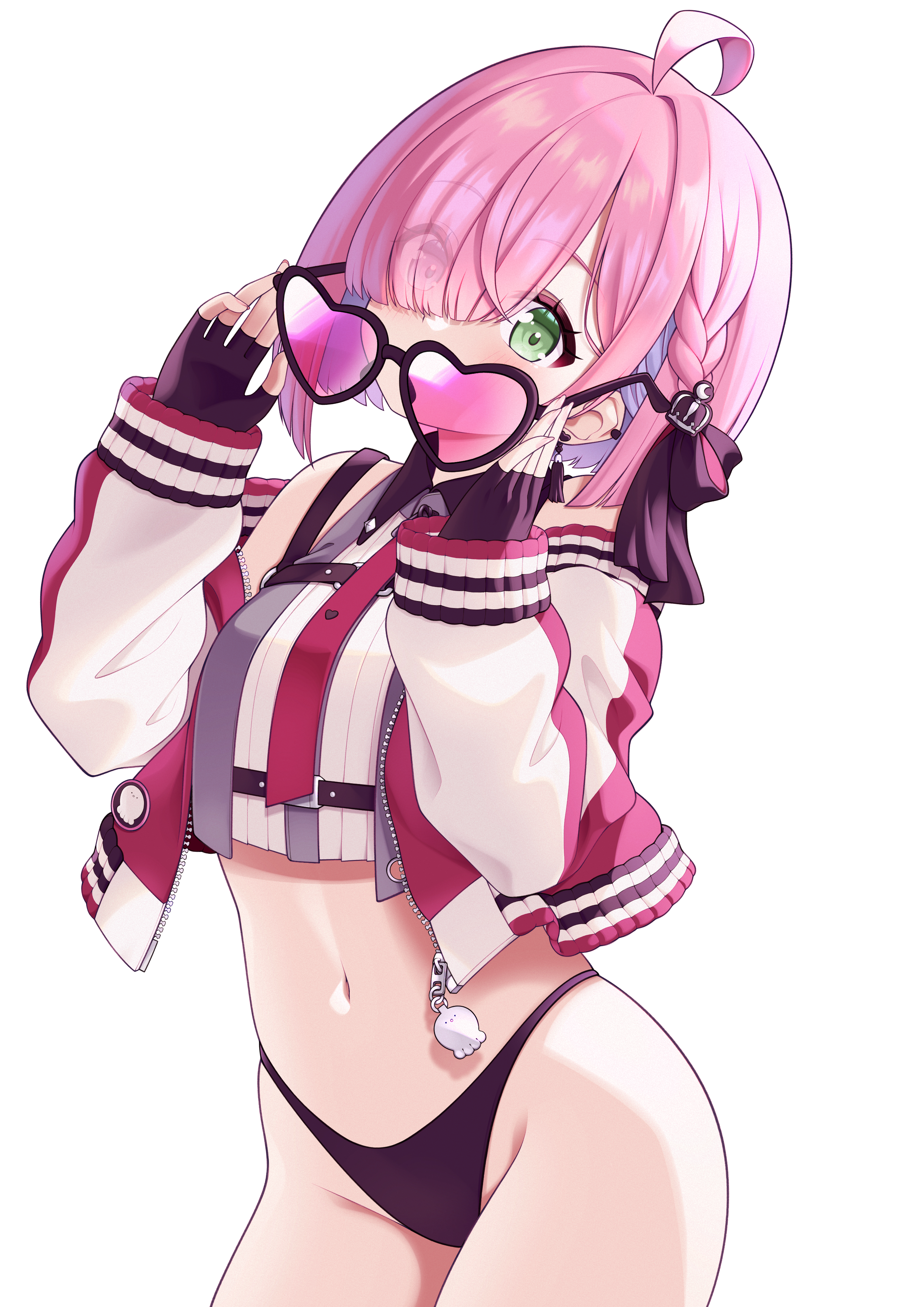 ssaaggwwaa, himemori luna, himemori luna (streetwear), hololive, absurdres, commentary, highres, symbol-only commentary, 1girl, ahoge, black gloves, black panties, bob cut, braid, breasts, contrapposto, cowboy shot, crop top, cropped jacket, fingerless gloves, gloves, green eyes, hair over one eye, heart, heart-shaped eyewear, high-waist panties, looking at viewer, midriff, navel, panties, pink hair, purple hair, short hair, simple background, small breasts, solo, sunglasses, underwear, virtual youtuber, white background